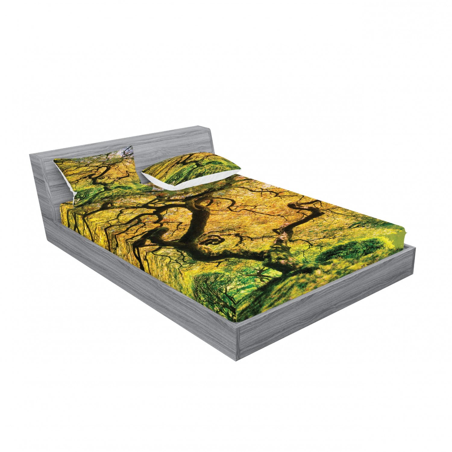 Ambesonne 2-Pack Tree Design Fitted Sheet & Pillow Sham Set - Large Maple with River Print, 4-Piece Full Size Bedding Set (2 Fitted Sheets + 4 Pillow Covers) in Green & Yellow | Perfect for Guest Rooms, Cabins & Nature-Themed Bedrooms