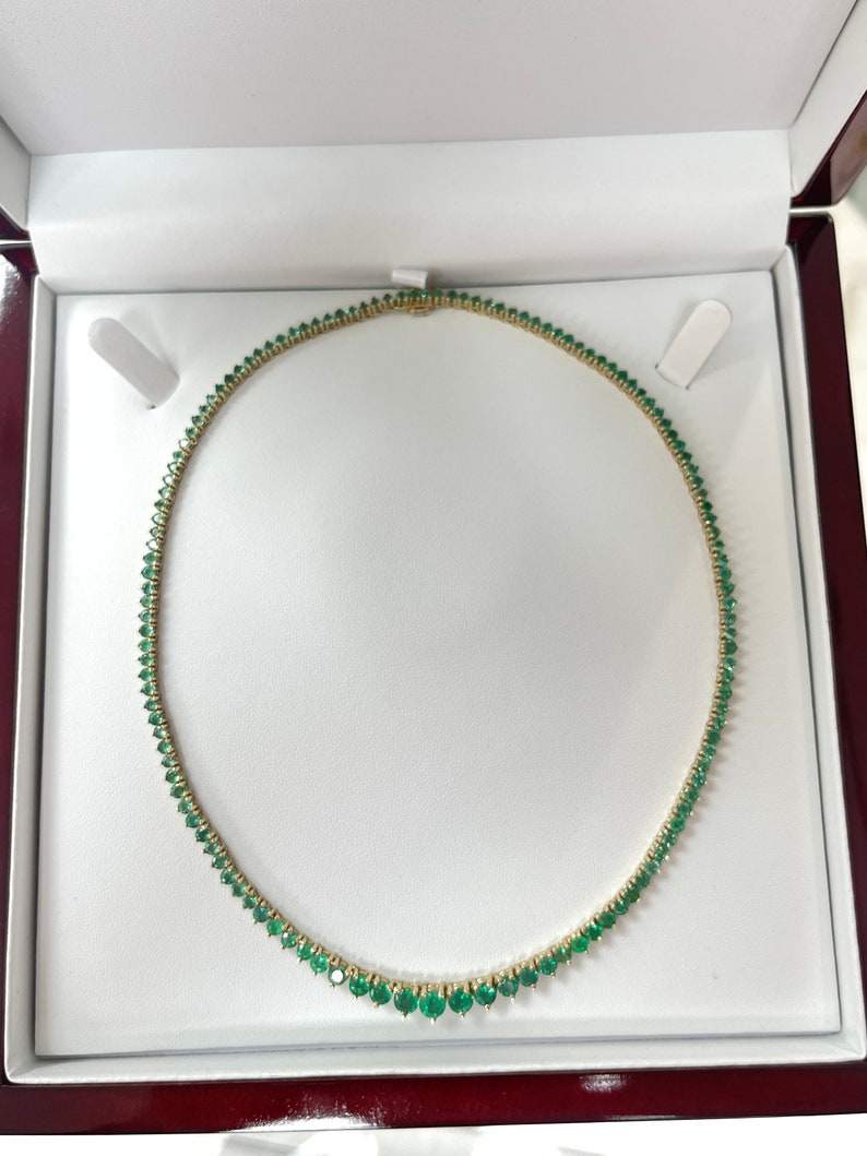 14K Gold Graduating Round Emerald Tennis Necklace - 22.25tcw Vivid Medium Dark Green Gemstones for Women, Perfect for Weddings, Parties & Special Occasions