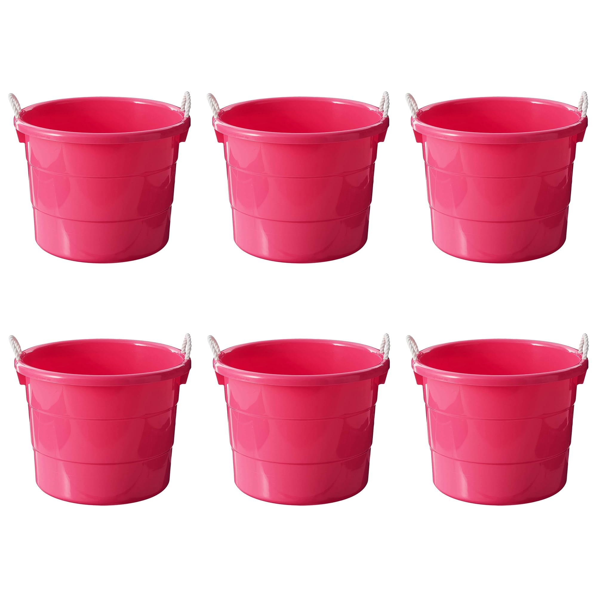 HOMZ 6-Pack 18 Gallon Large Plastic Storage Buckets with Rope Handles - Utility Tubs for Organizing, Cleaning & DIY Projects - Pink (Ideal for Home, Garage, Garden & Workshop Use)