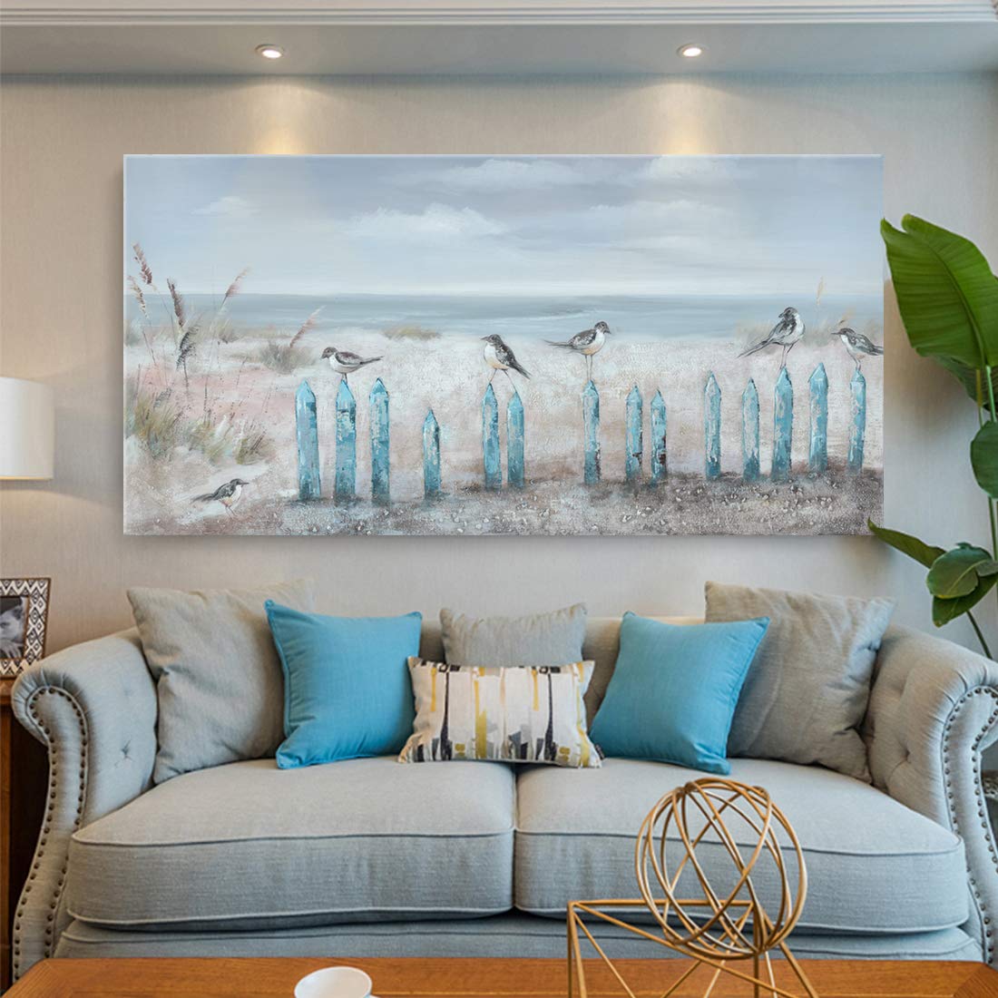 Extra Large 60x30 Inch Hand-Painted Beach Oil Painting - Ocean Seascape with Seagulls Wall Art Canvas, Framed Coastal Decor for Living Room, Bedroom & Office | Perfect for Coastal, Nautical & Beach House Themes
