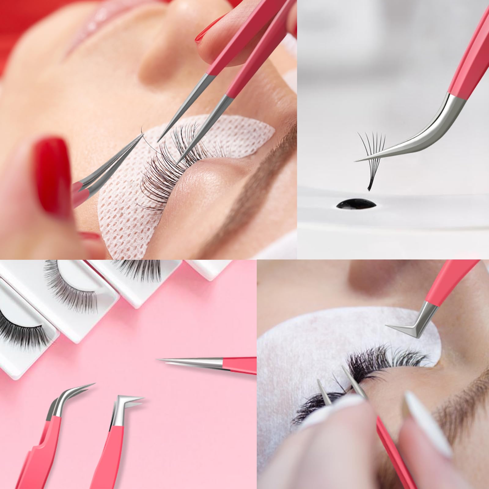 Professional Stainless Steel Eyelash Extension Tweezers - Pack of 3 with Straight & Curved Tips (Deep Pink) | Perfect for Salon, DIY Lash Extensions & Beauty Professionals