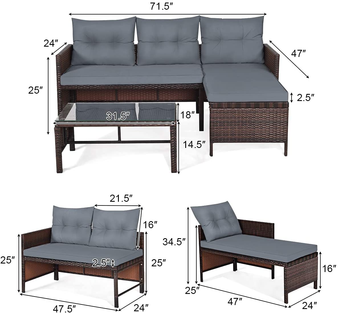 LUARANE 3-Piece Outdoor Patio Corner Sofa Set with Lounge Chair, Double Chair & Coffee Table - Waterproof Grey Wicker Furniture for Garden, Poolside, Backyard & Lawn Relaxation | Durable All-Weather Conversation Set for Outdoor Entertaining