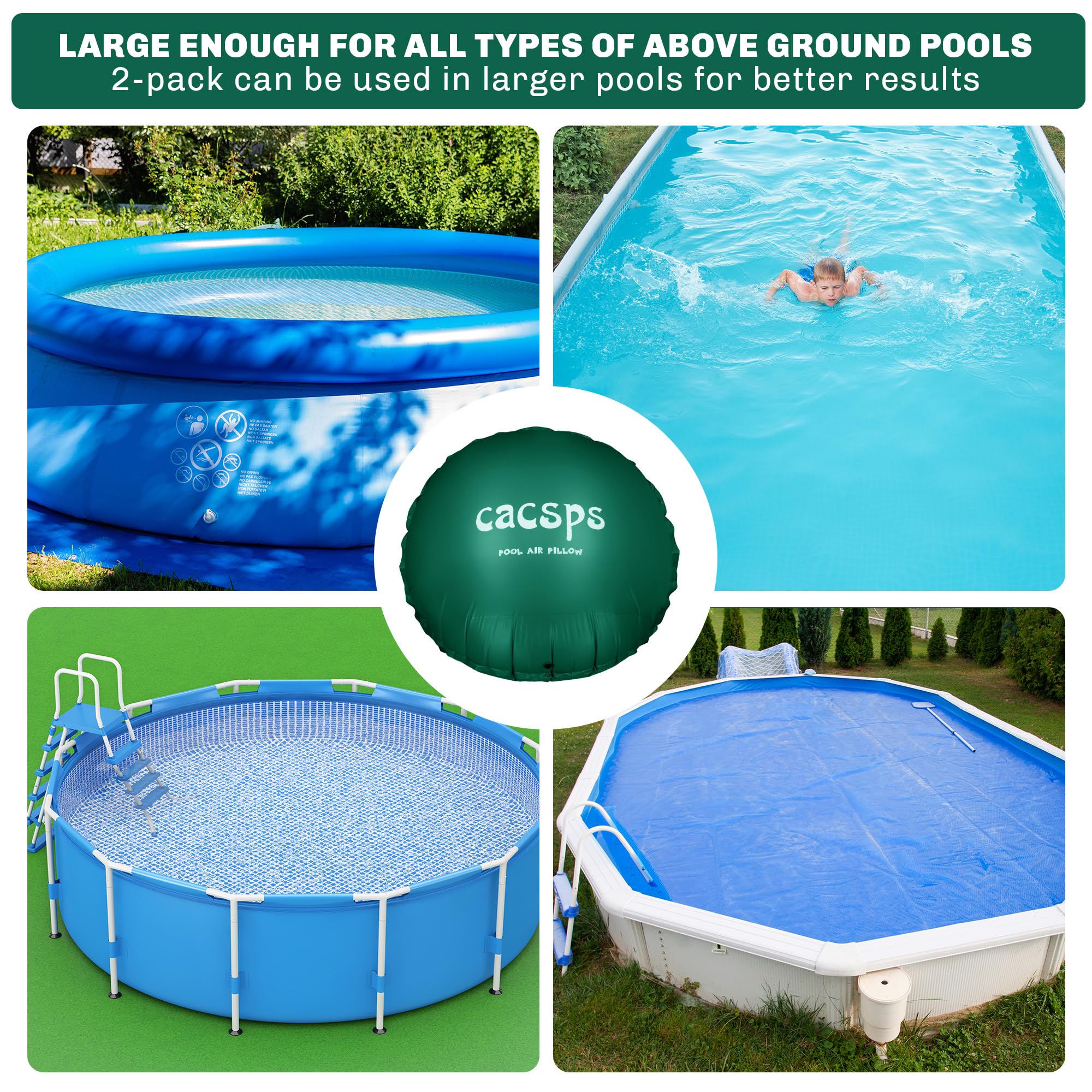 10Ft Round Pool Air Pillow for Above Ground Pools - 0.5mm PVC Winterizing Pillow with 2X 16.5Ft Ropes (Green) - Essential for Winter Pool Cover Support & Freeze Protection