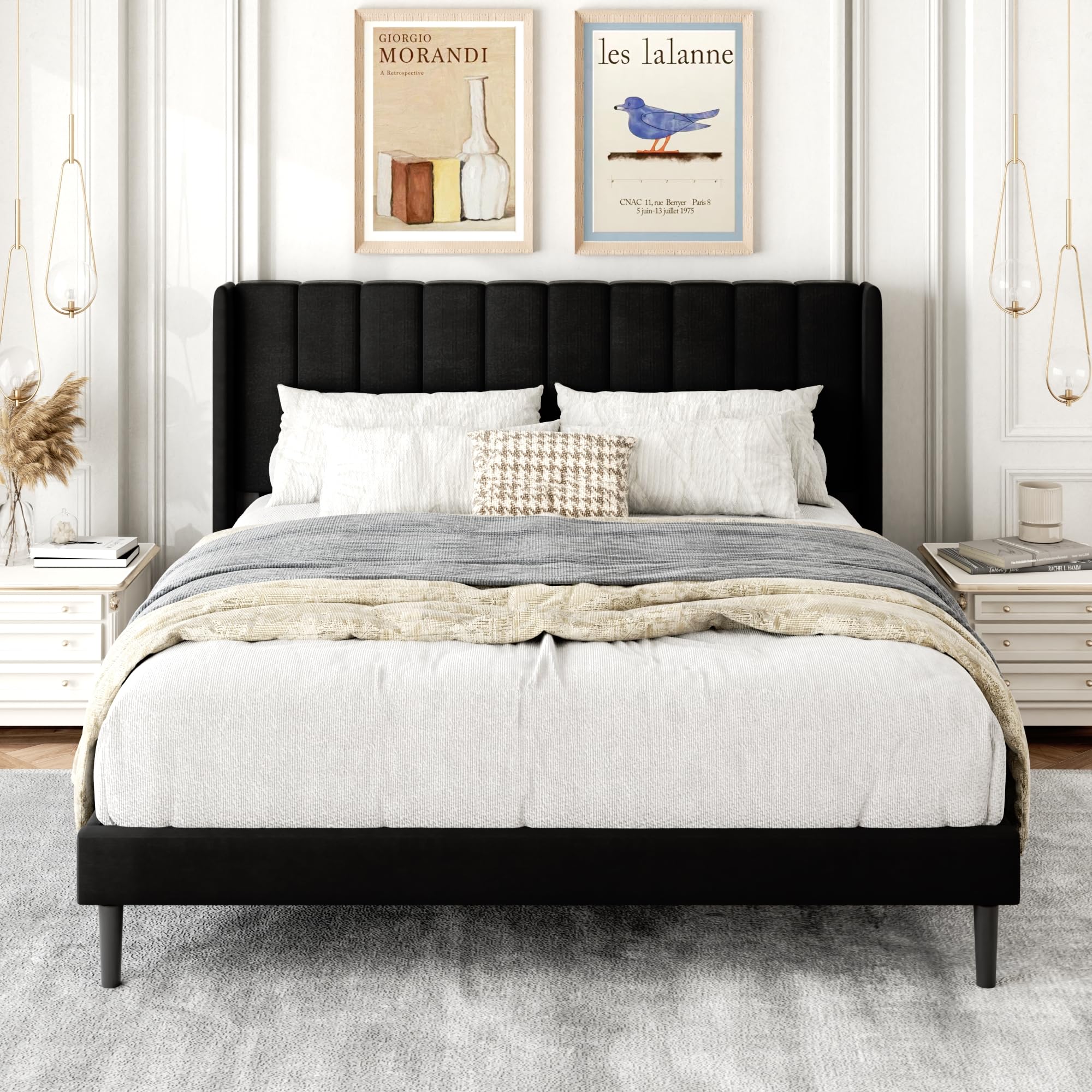 Queen Size Bed Frame with Upholstered Wingback Headboard - Easy Assembly Platform Bed with Wooden Slat Support (No Box Spring Needed) - Black Velvet Fabric - Perfect for Master Bedroom, Guest Room & Apartment