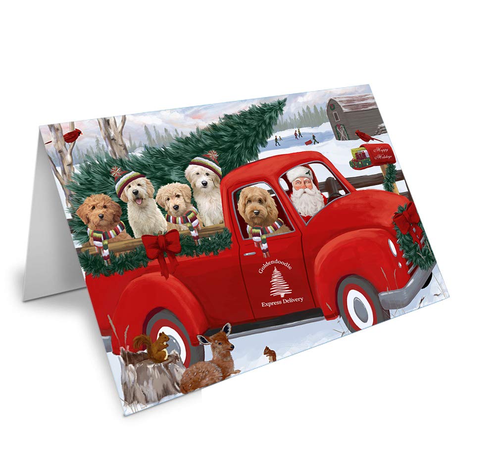 Christmas Santa Express Delivery Red Truck Greeting Cards - Adorable Pet Invitation Cards with Envelopes - Goldendoodle Dog Holiday Cards (10-Pack) - Perfect for Pet Lovers, Christmas Gifts & Holiday Greetings