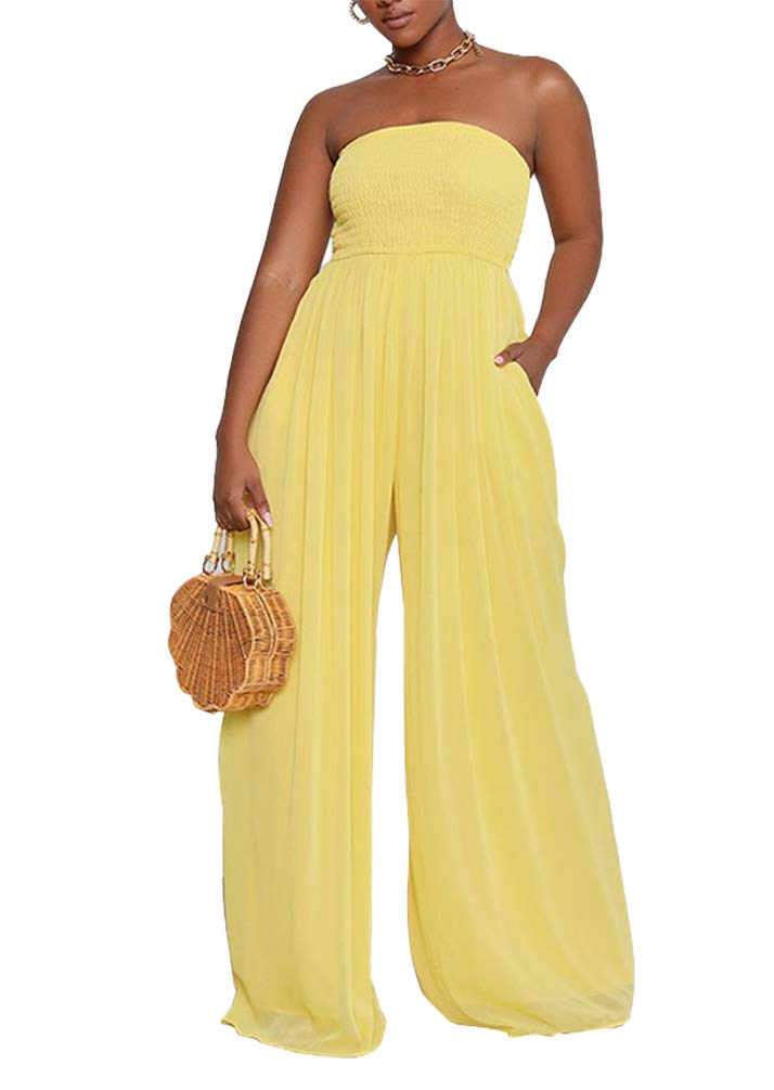 Ophestin Women's Casual Off-Shoulder Smocked Wide Leg Jumpsuit - Solid Color Romper with Drawstring Waist for Summer Outfits, Beach Wear and Vacation Essentials