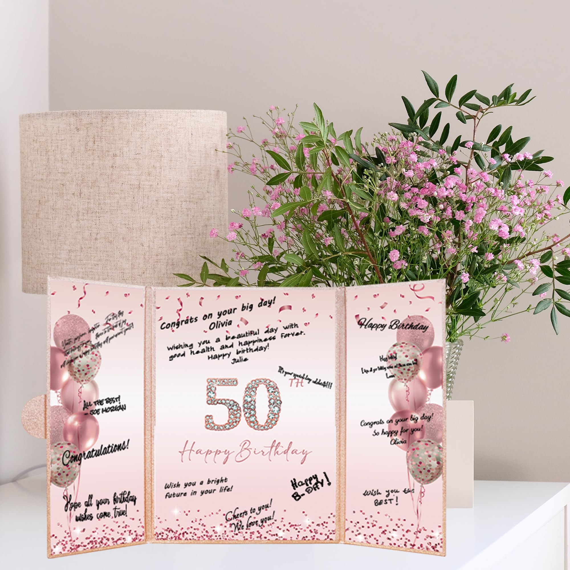 DARUNAXY Rose Gold 50th Birthday Party Decorations Set - Happy 50th Birthday Guest Book Alternative for Women, Pink Cheers to 50 Years Signing Board - Perfect for Milestone Celebrations, Retirement Parties & Anniversary Gifts