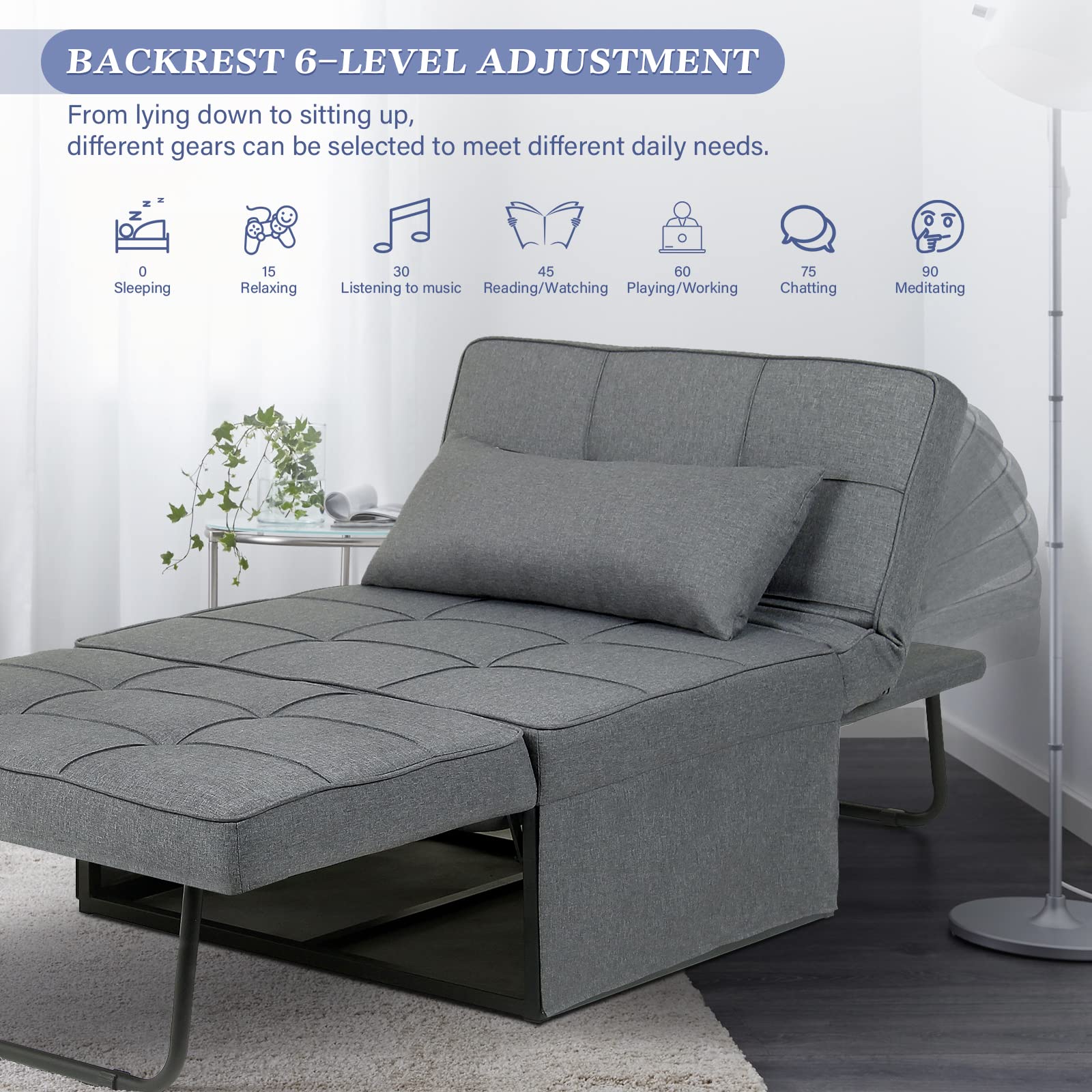 Saemoza 4-in-1 Convertible Sofa Bed - Multi-Functional Folding Ottoman Sleeper with Adjustable Backrest, Modern Space-Saving Furniture for Living Room, Small Apartment, Guest Room & Home Office - Light Gray