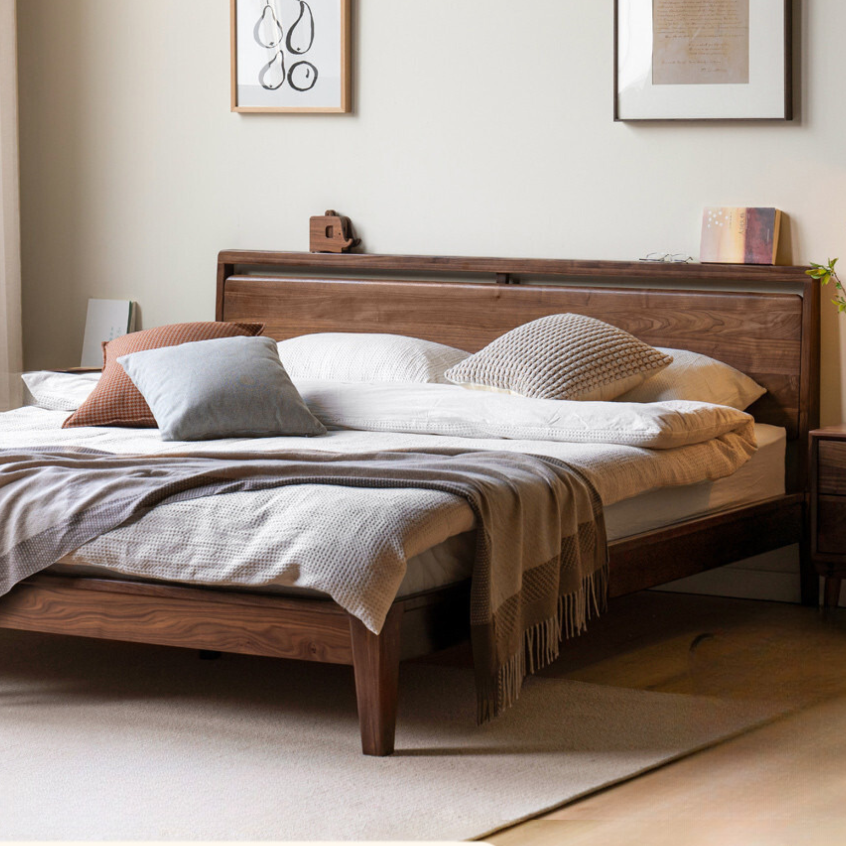 Premium Black Walnut Solid Wood Bed Frame - Queen Size, Natural Wood Grain, Sturdy & Durable - Perfect for Master Bedroom, Guest Room & Modern Farmhouse Decor
