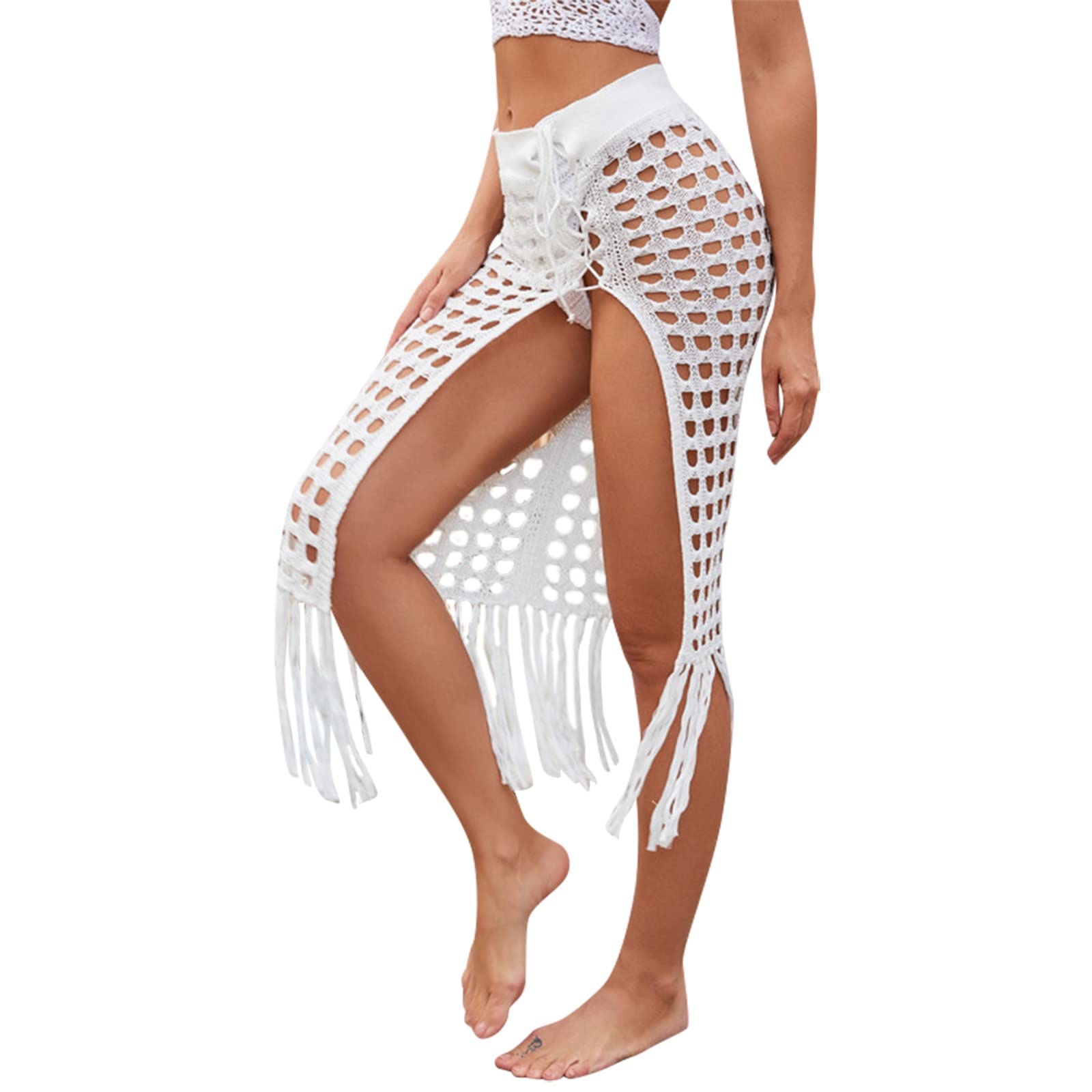 Sexy Hollow Out Mesh Tassel Skirt for Women - Beach Cover Up, Knit Crochet Sarong with Split Design - Perfect for Pool Parties, Vacations & Summer Outfits