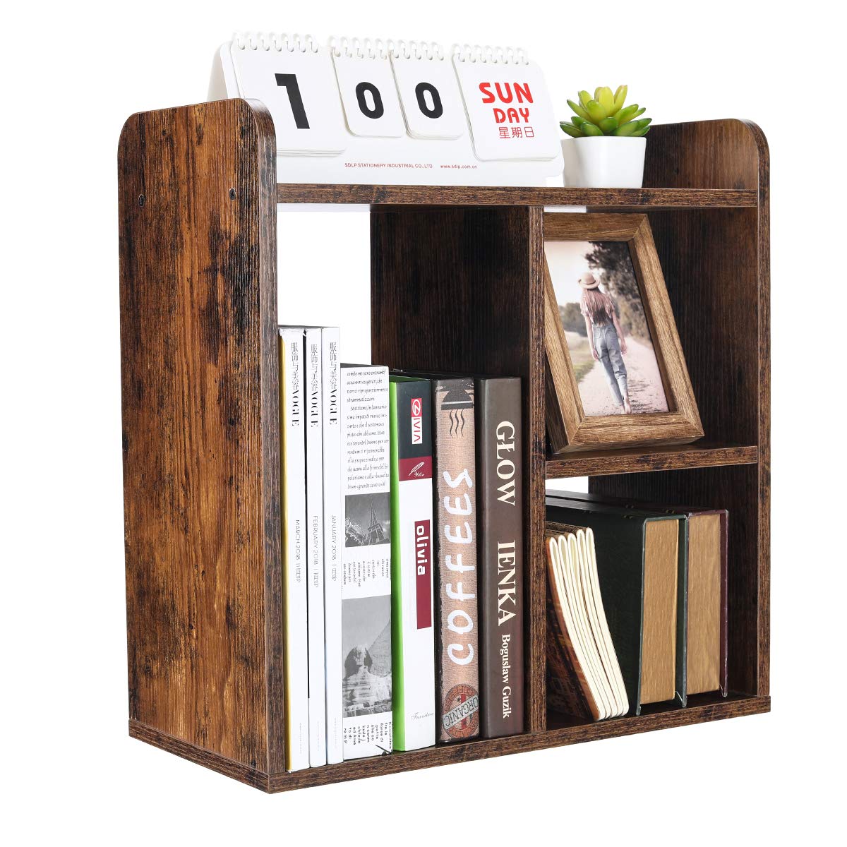 PAG Freestanding Wooden Desktop Shelf - Small Bookshelf Organizer for Office, Home & Study | Desk Supplies Storage, Display Rack & Decor Accessories | Antique Brown Finish for Women's Workspace & Bedroom Decor