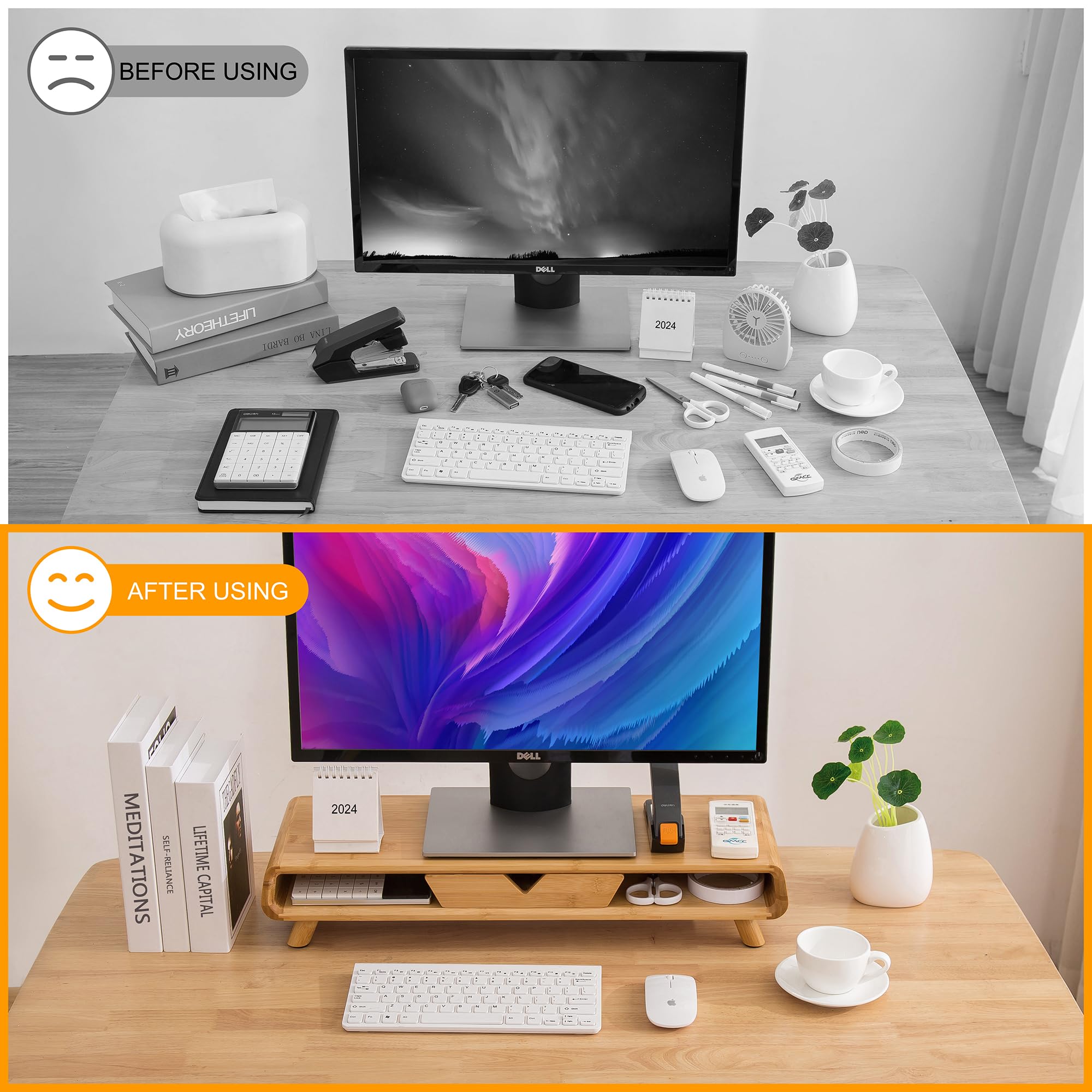 Homerays Bamboo Monitor Stand Riser with Drawer - No Assembly Required, Ergonomic Height Adjustable Wooden Computer Monitor Stand for Home & Office Workspace