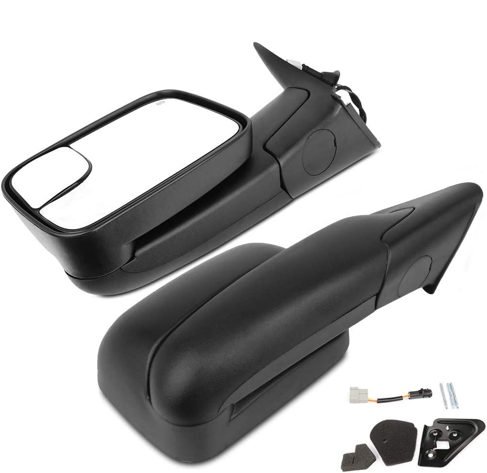 Black Power-Adjusted Heated Towing Mirrors for 1998-2002 Dodge Ram 1500/2500/3500 - Left & Right Side Replacement - Perfect for Enhanced Visibility & Towing Safety