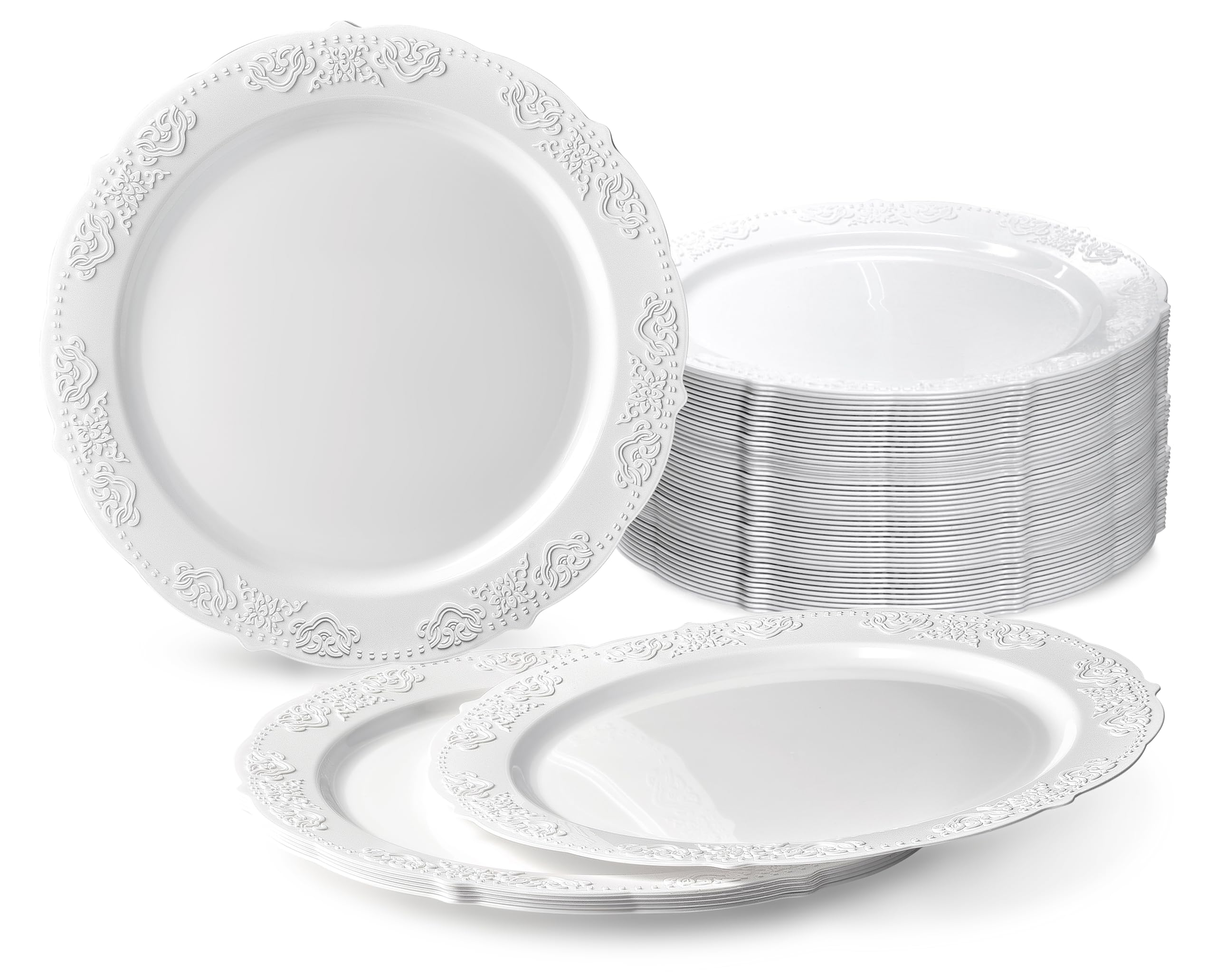 120 Pack Vintage Style Disposable Plastic Plates - 7.5'' Appetizer & Dessert Plates for Wedding, Party & Events (Portofino Plain White) - Perfect for Birthday Celebrations, Bridal Showers & Catering
