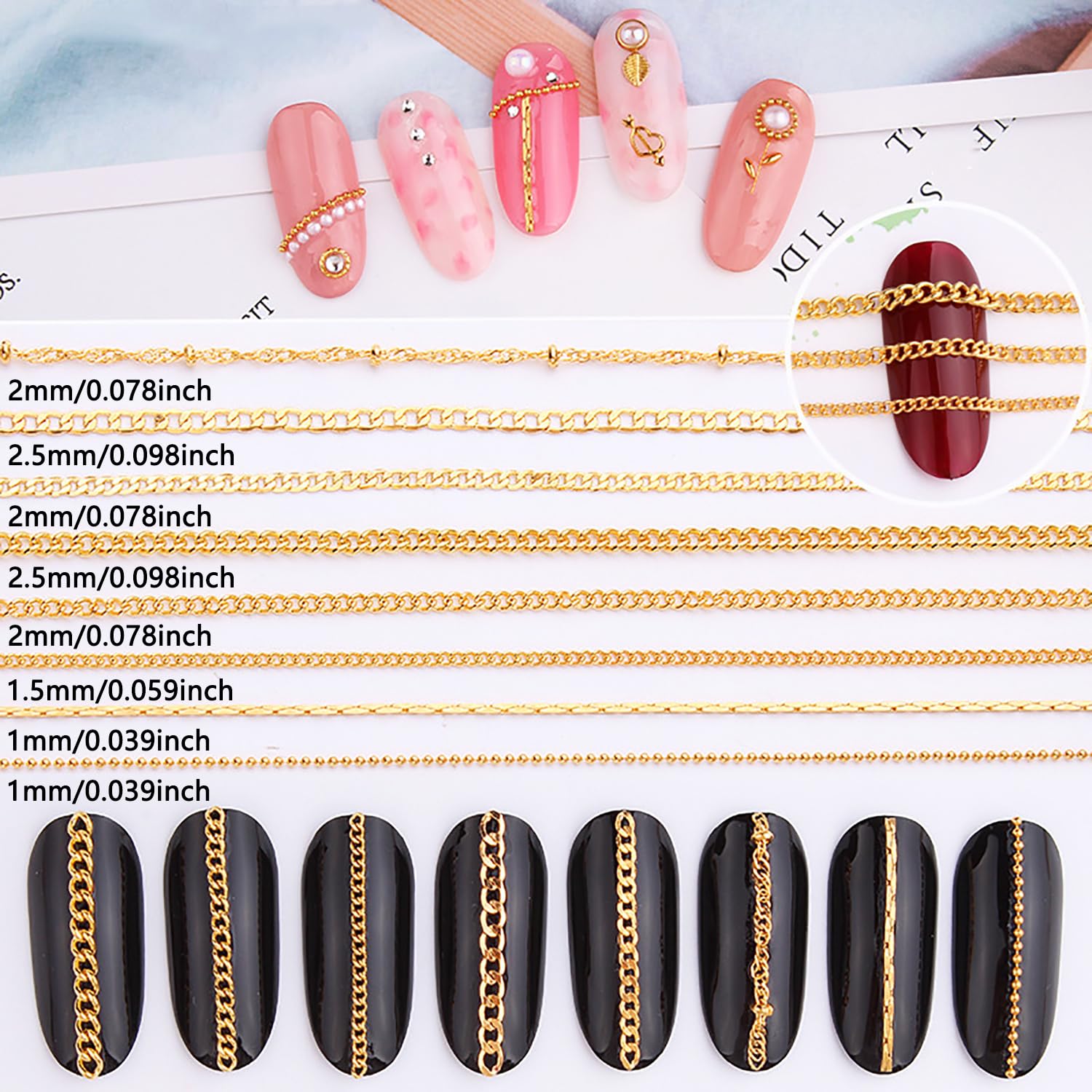 JERCLITY 8-Pack 19.7 Inch Gold Nail Art Chains - 3D Metallic Nail Charms, Punk Nail Studs & Jewelry Accessories for Women | Perfect for DIY Nail Art, Halloween, Cosplay & Party Looks