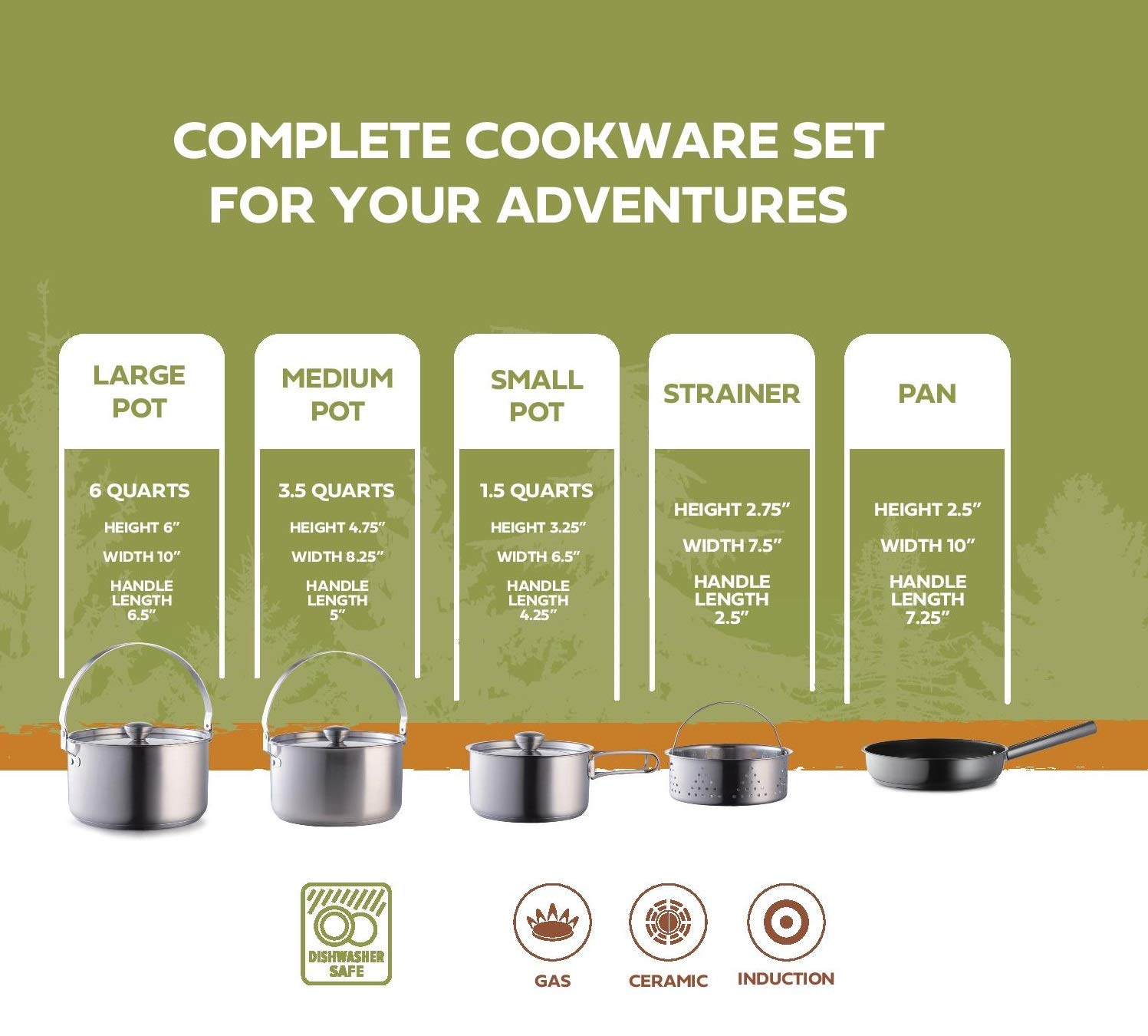 Premium 8-Piece Camping Cookware Set - 304 Stainless Steel Pots & Pans for Open Fire Cooking | Compact Outdoor Cooking Kit with Frying Pan, Steamer & Travel Tote Bag | Perfect for Camping, Hiking, RV Trips & Family Outdoor Adventures