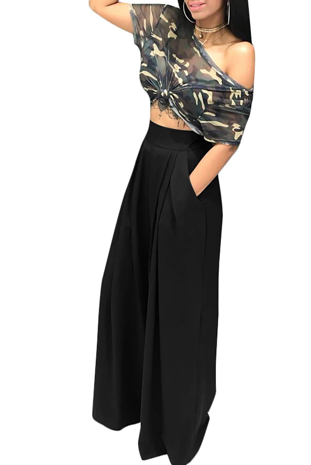 LKOUS Women's High Waist Wide Leg Palazzo Pants - 2024 Casual Solid Color Work Pants for Office, Travel & Everyday Wear