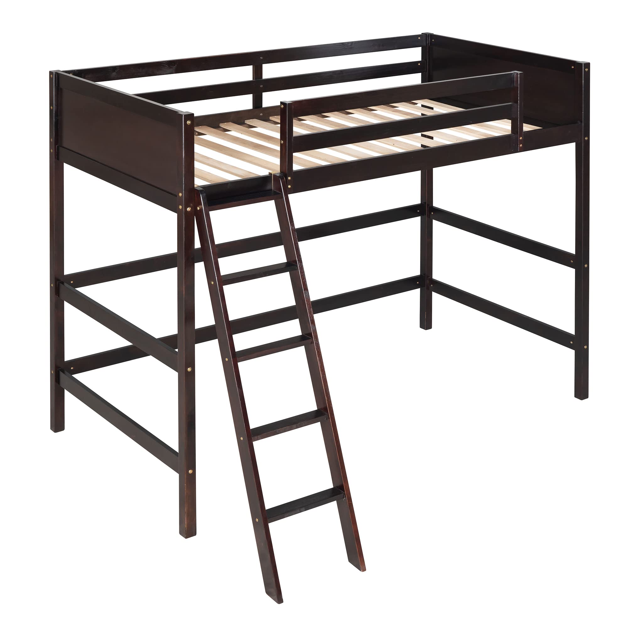 P PURLOVE Twin Size Loft Bed Frame for Kids, Teens & Adults - Sturdy Solid Wood Bunk Bed with Safety Guardrail & Ladder - Space Saving Loft Bed for Small Rooms - No Box Spring Needed - Espresso Finish - Perfect for Dorms, Apartments & Kids' Bedrooms