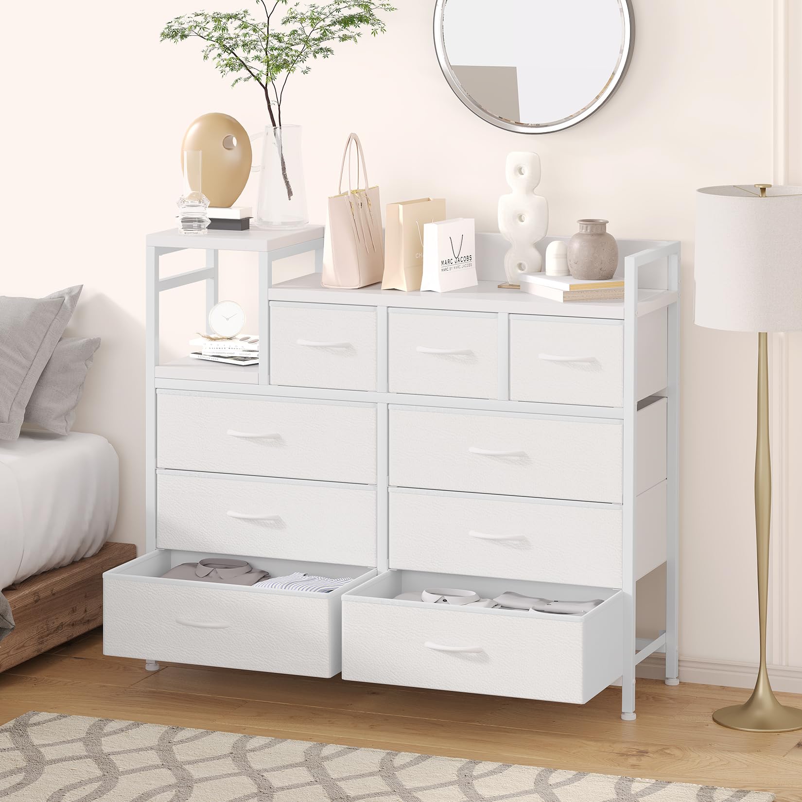 Jojoka White TV Stand with 9 Drawers & Built-in Charging Station - Modern Entertainment Center for Living Room, Bedroom & Home Office - Perfect for Organizing Electronics, Media & Storage Needs