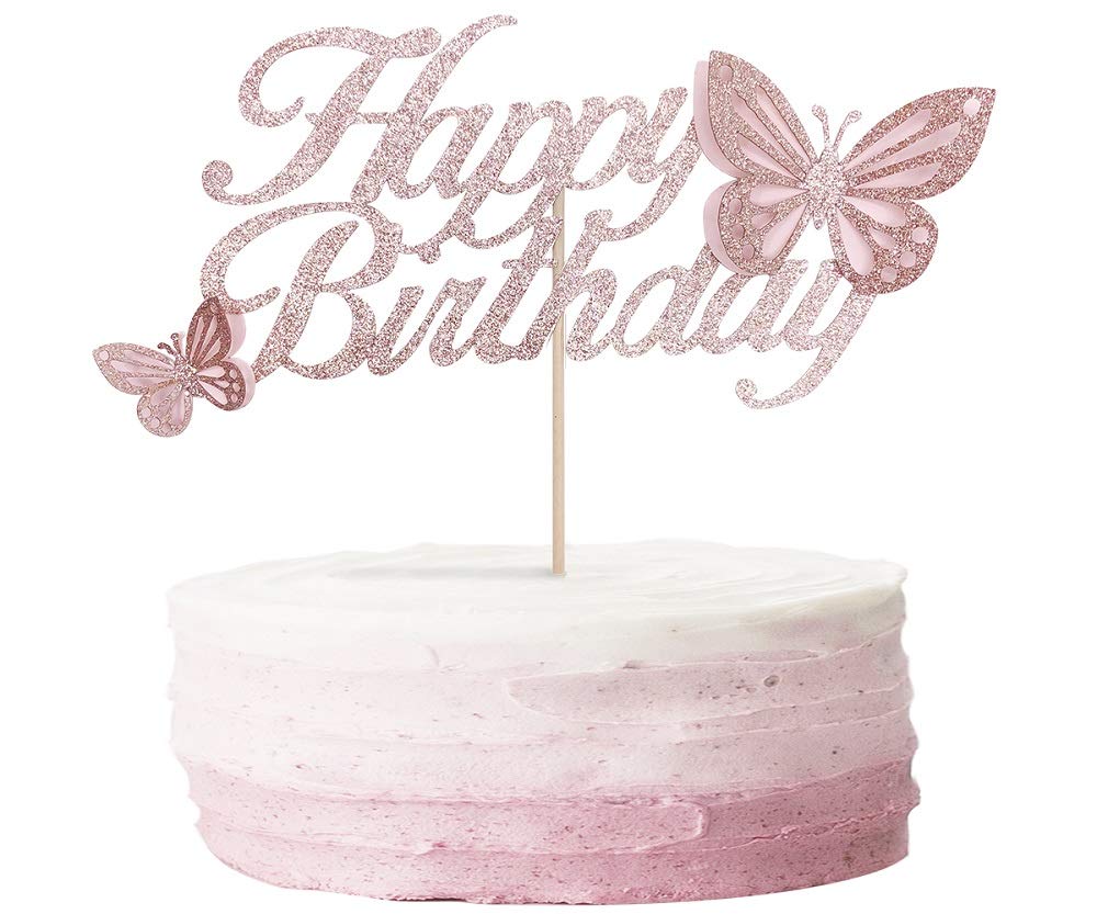 ALISSAR 3D Handmade Rose Gold Happy Birthday Cake Topper with Butterfly - Elegant Cake Decorations for Women's & Girls' Birthday Parties - Perfect for Wedding, Baby Shower, Anniversary Celebrations