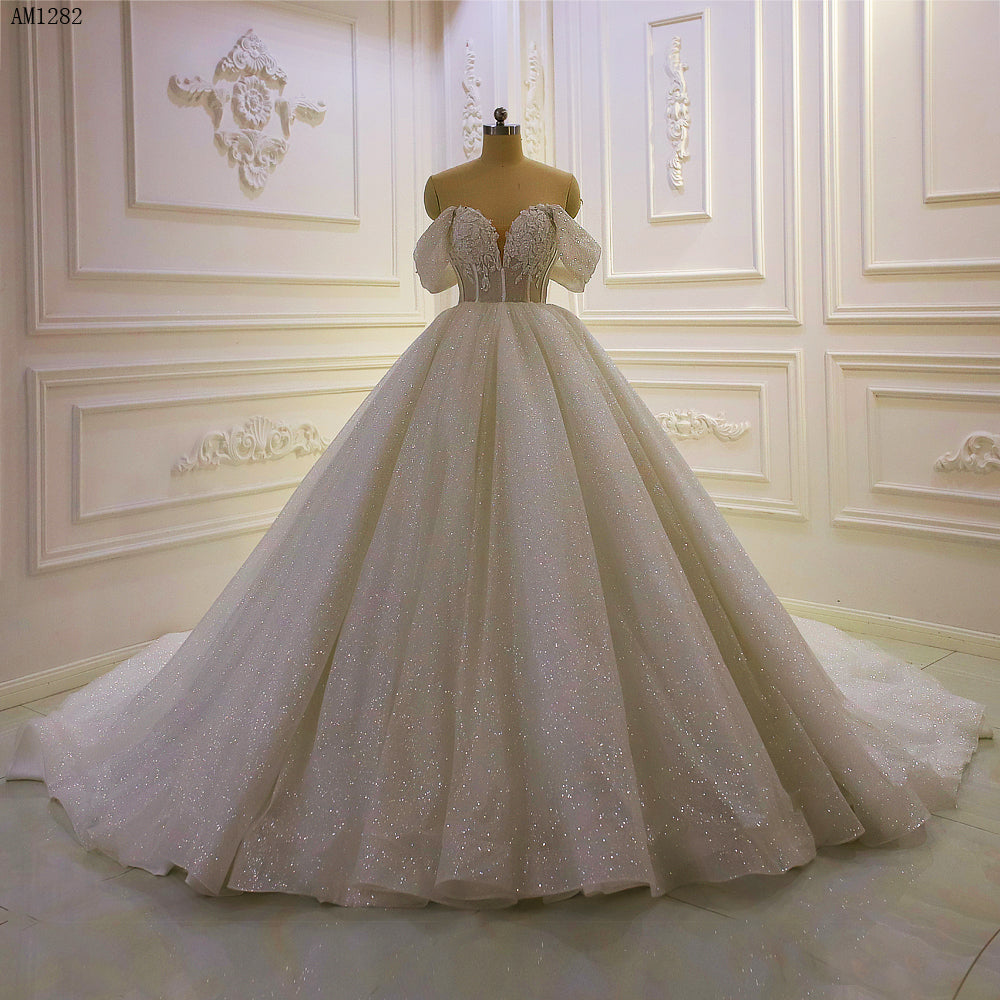Off Shoulder Glitter Sparkle Wedding Dress AM1282 – Elegant A-Line Bridal Gown for Beach, Church & Formal Weddings
