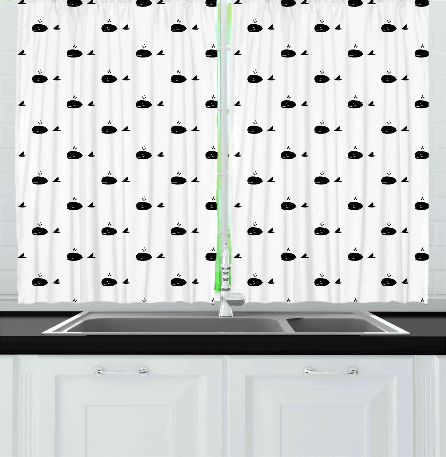 Ambesonne Whale Print Kitchen Curtains - Dark Green & White Marine Mammal Design with Symmetric Repeating Motif, 55