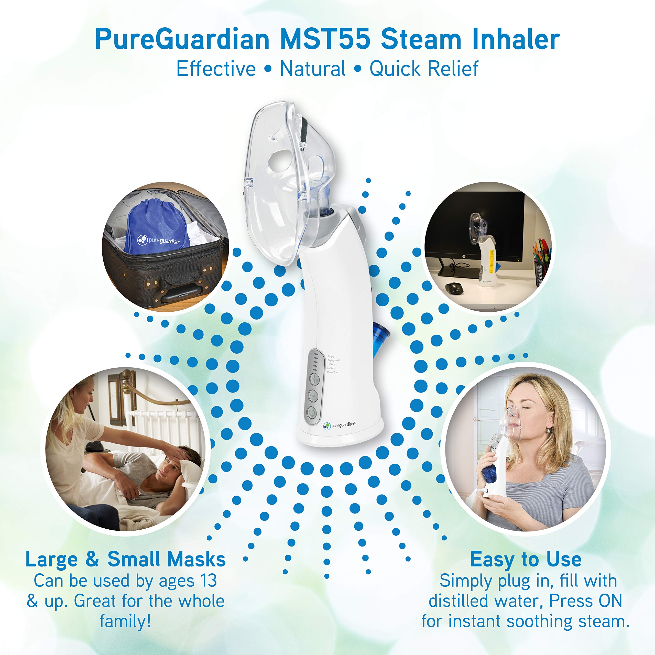 PureGuardian MST55 Portable Warm Mist & Steam Inhaler with Essential Oil Tray - Handheld Natural Steam Therapy for Allergies, Nasal Congestion, Dryness & Sinus Relief - Perfect for Home, Office & Travel Use