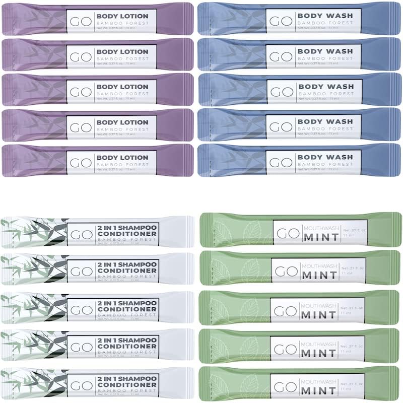 GO Essentials - Travel Size Toiletries Kit for Men & Women | Shampoo, Conditioner, Body Wash, Lotion & Mouthwash Set | Perfect for Hotels, Air Travel & Guest Bathroom Supplies