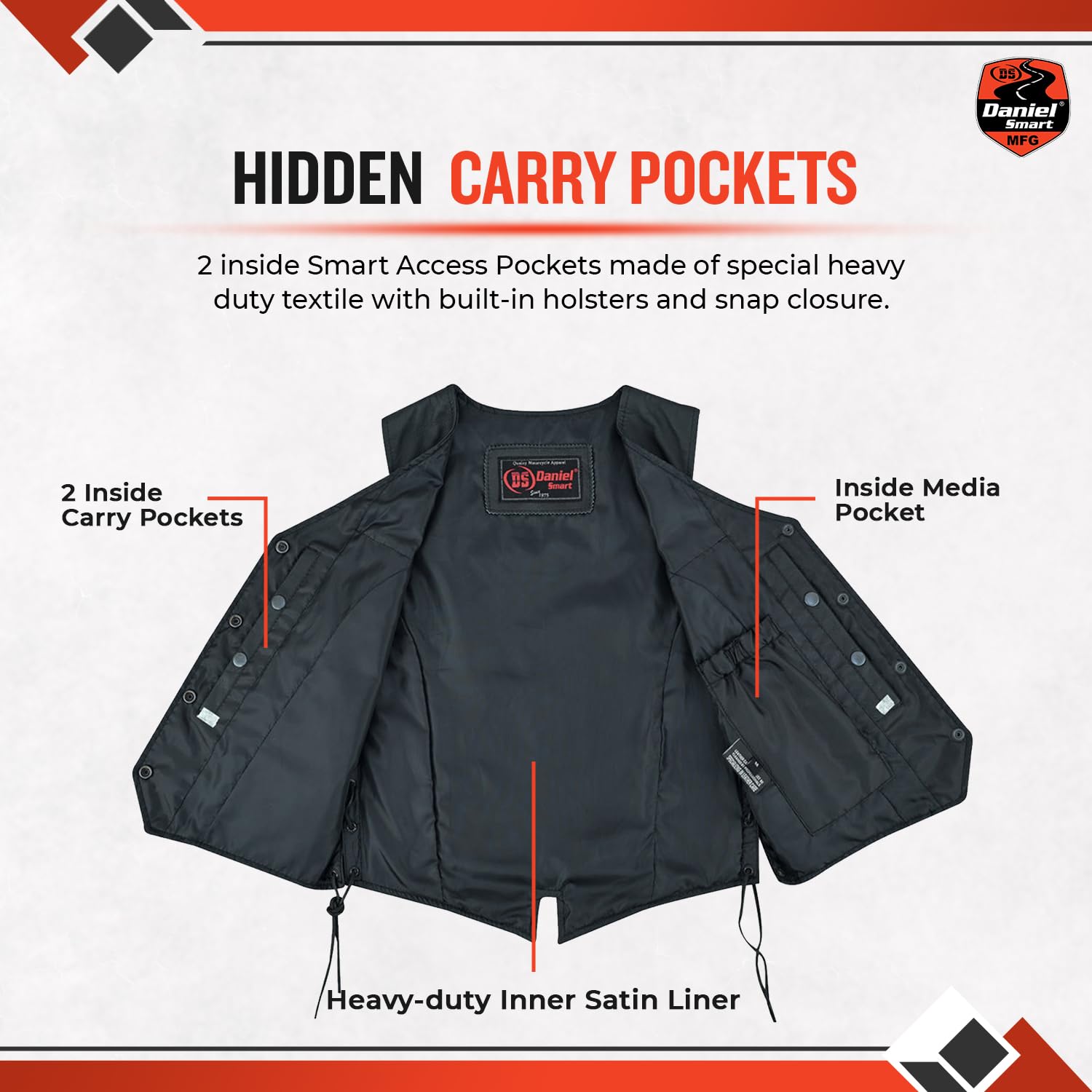 Daniel Smart Women's Black Leather Biker Vest with Stylish Side Laces & Concealment Armory Pocket - Perfect for Motorcycle Riding, Outdoor Adventures & Fashion Streetwear