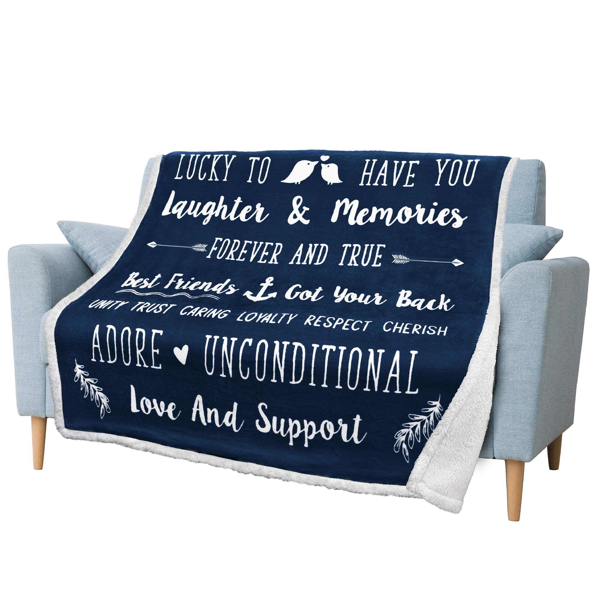 PAVILIA Best Friend Blanket - Soft Cozy Sherpa Throw Blanket with Inspirational Quotes | Thoughtful Friendship Gift for Women, Birthday Present for Bestie or Soul Sister | Perfect for Long Distance Friends, Movie Nights & Cozy Home Decor (Navy Blue)