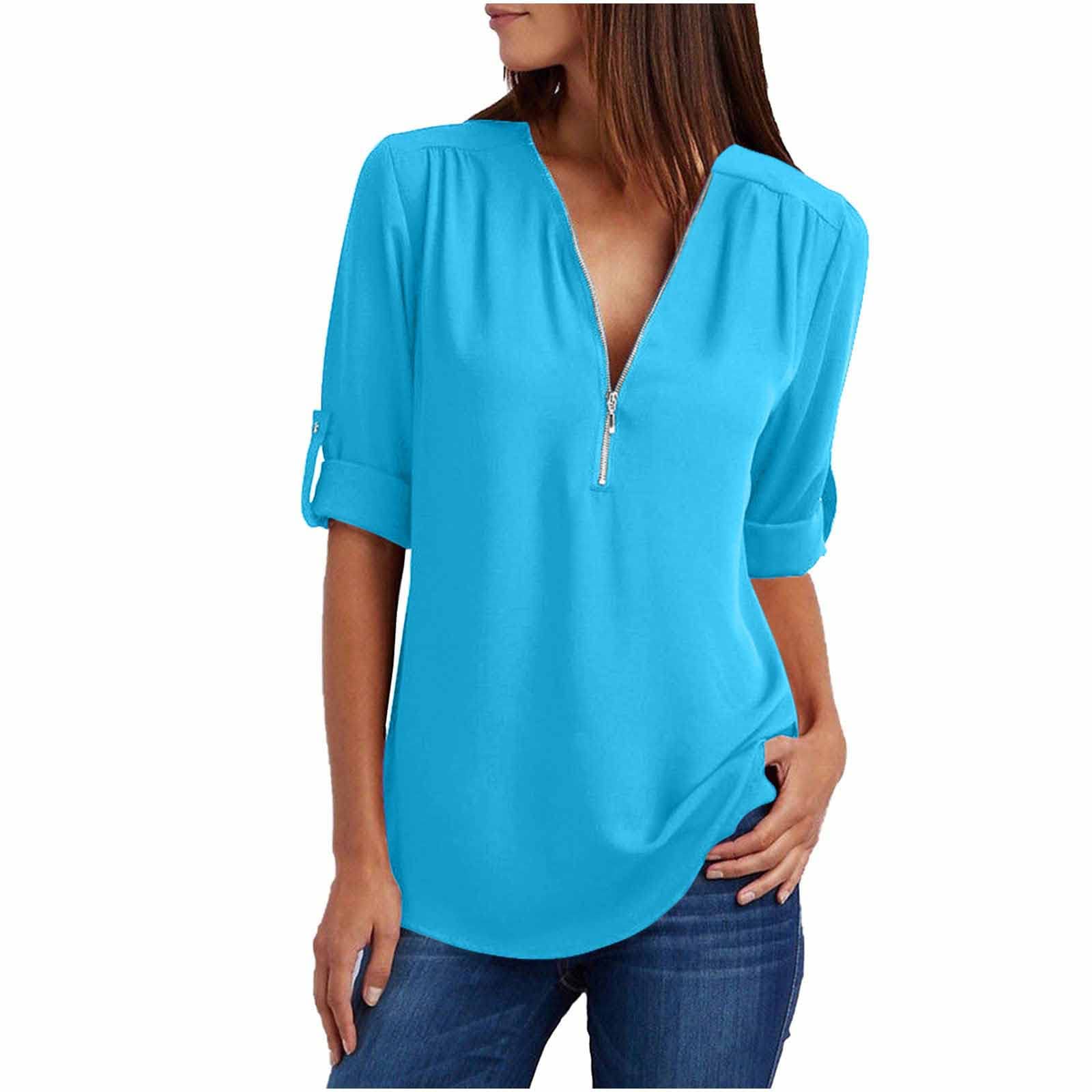 2022 Women's Summer Short Sleeve Chiffon Tunic Top - Sexy V-Neck Zipper Blouse for Casual Wear | Loose Fit Solid Color Shirts for Beach, Office & Date Night
