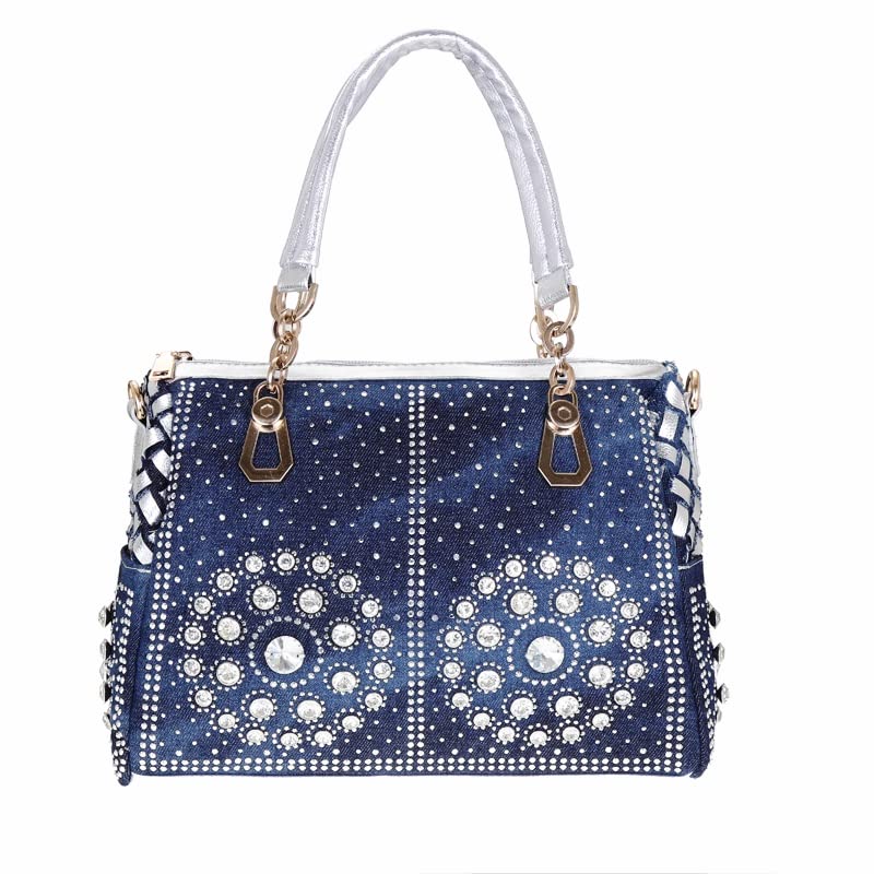Sparkling Rhinestone Denim Tote Bag for Women - Crystal Embellished Shoulder Bag & Crossbody Messenger Purse - Perfect for Parties, Date Nights and Casual Outings