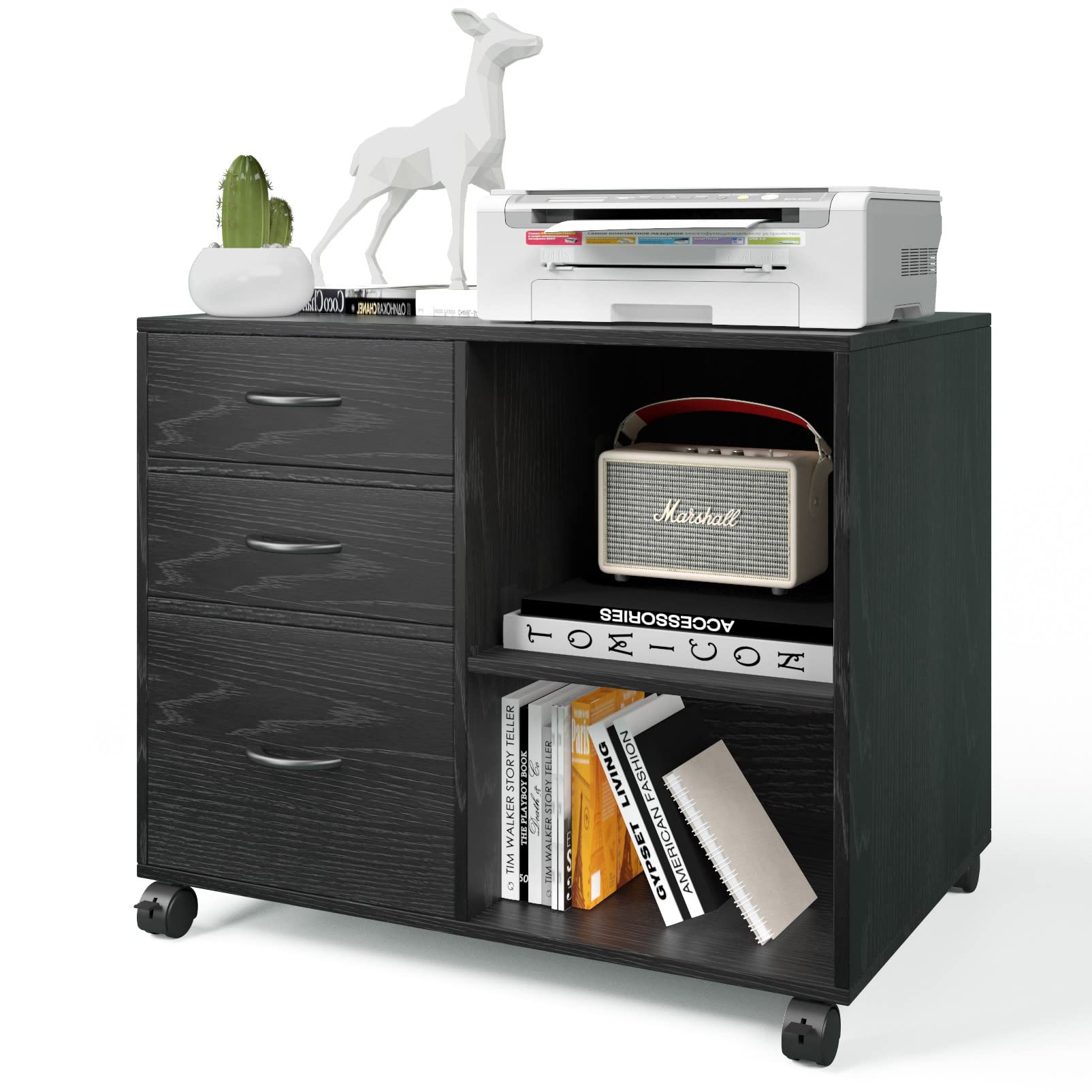 3 Drawer Rolling File Cabinet with Wheels - Mobile Lateral Office Storage Cabinet, Printer Stand with Storage Shelf, Black - Perfect for Home Office, Small Business & Workspace Organization