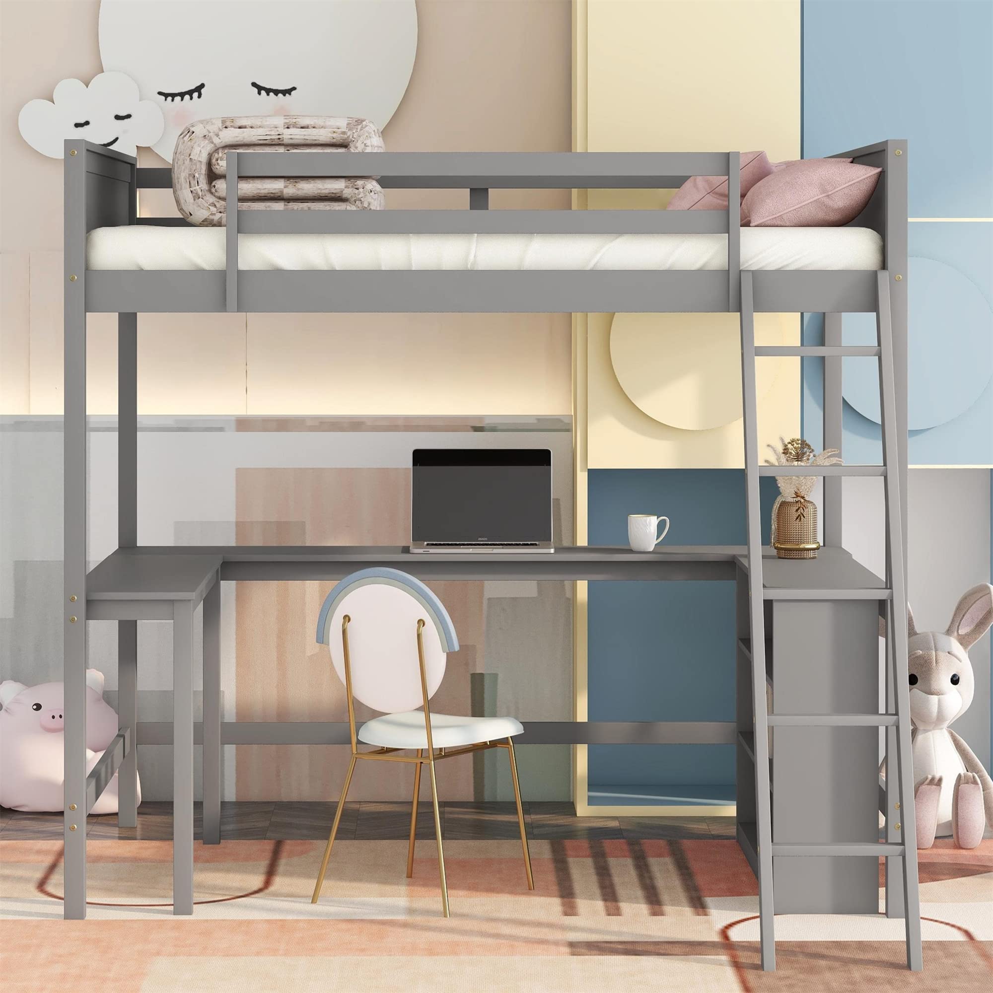 **MERITLINE Full Size Loft Bed with Built-in Desk & Shelves - Sturdy Wooden Loft Bed for Kids, Teens, Boys & Girls - Space-Saving Design, No Box Spring Needed (Full, Grey) - Perfect for Small Bedrooms, Dorms & Studio Apartments**