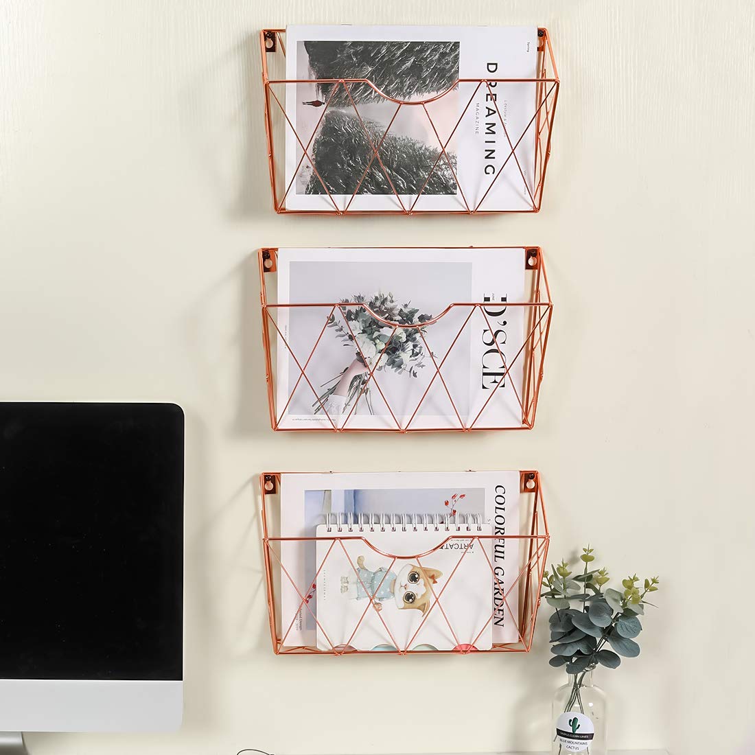 Rose Gold Hanging File Organizer - 3 Pocket Vertical Wall File Holder for Office & Home - Perfect for Organizing Documents, Papers & Mail