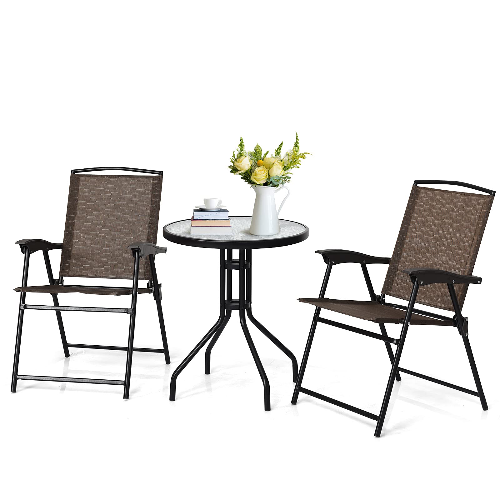 Tangkula 3-Piece Patio Bistro Set - Outdoor Folding Chairs & Tempered Glass Table for Garden, Poolside, Backyard - Perfect for Small Spaces, Balcony Dining & Outdoor Relaxation