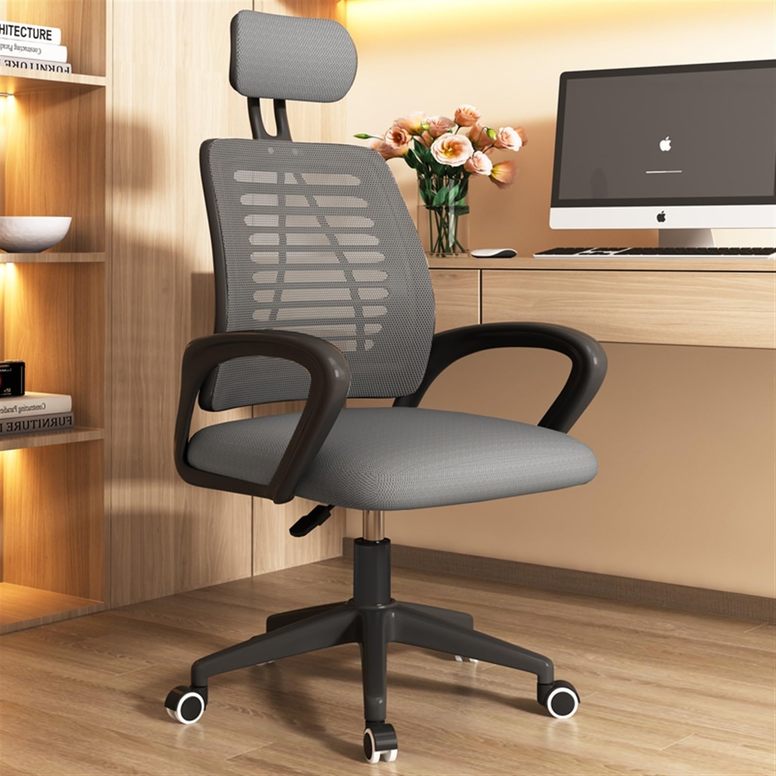 Ergonomic Office Chair with Adjustable Headrest & Lumbar Support - High Back Mesh Desk Chair for Home Office, Gaming & Work - Comfortable Breathable Computer Chair (Gray) - Perfect for Long Work Hours, Online Meetings & PC Gaming Sessions