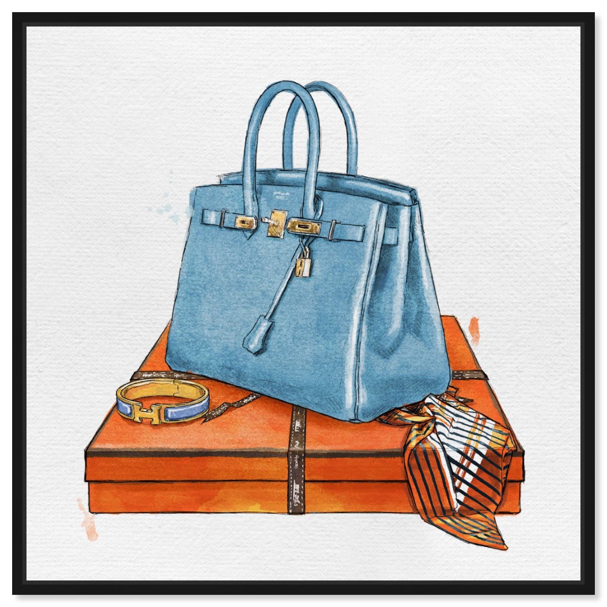 Oliver Gal Artist Co. 'My Bag Collection III' Handbag Wall Art - 12x12 Inch Fashion & Glam Framed Canvas Print in Blue & Orange - Perfect for Living Room, Bedroom or Office Décor