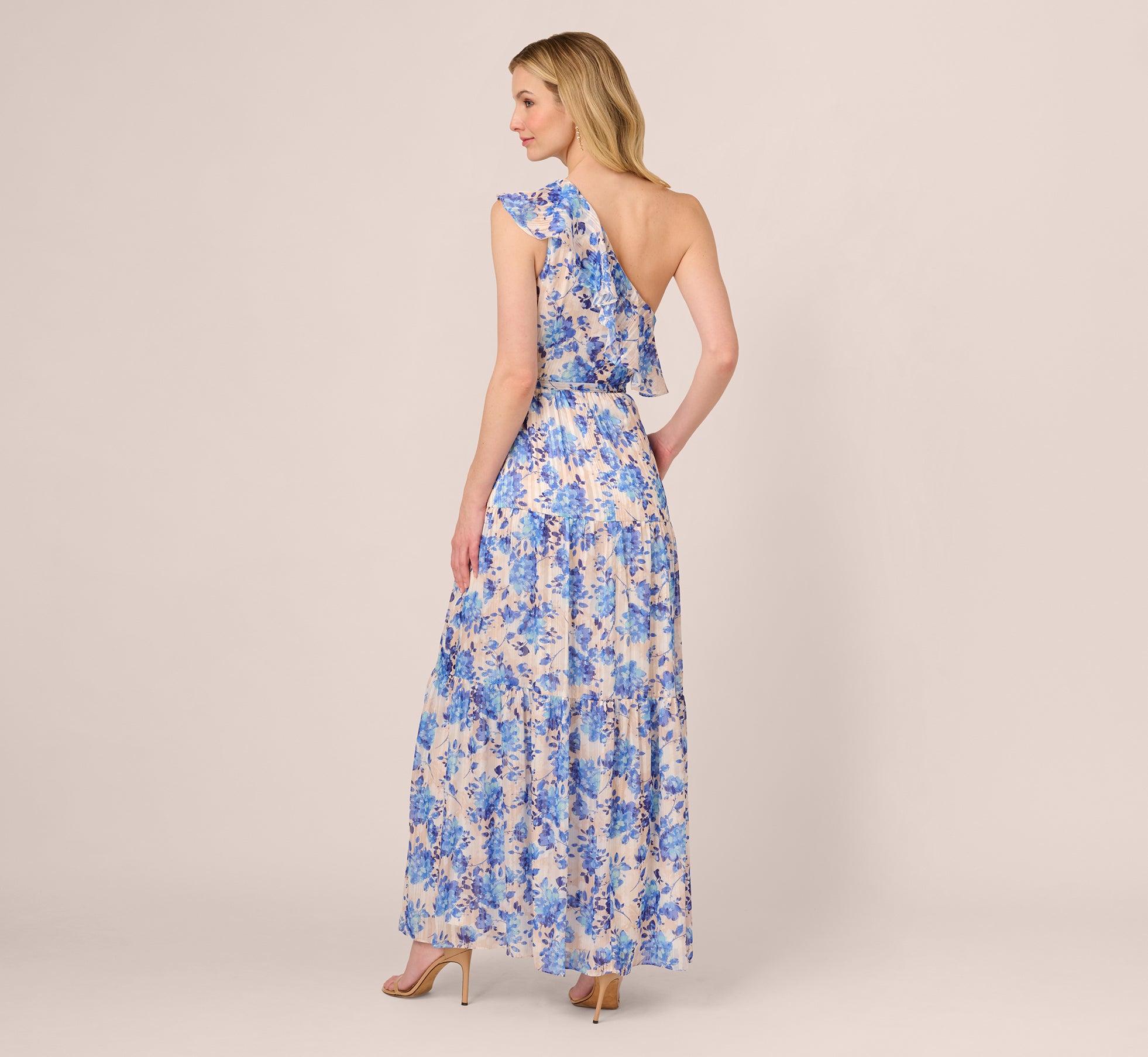 Elegant One Shoulder Metallic Stripe Floral Maxi Dress in Champagne Blue Multi - Perfect for Summer Weddings, Beach Vacations & Evening Parties