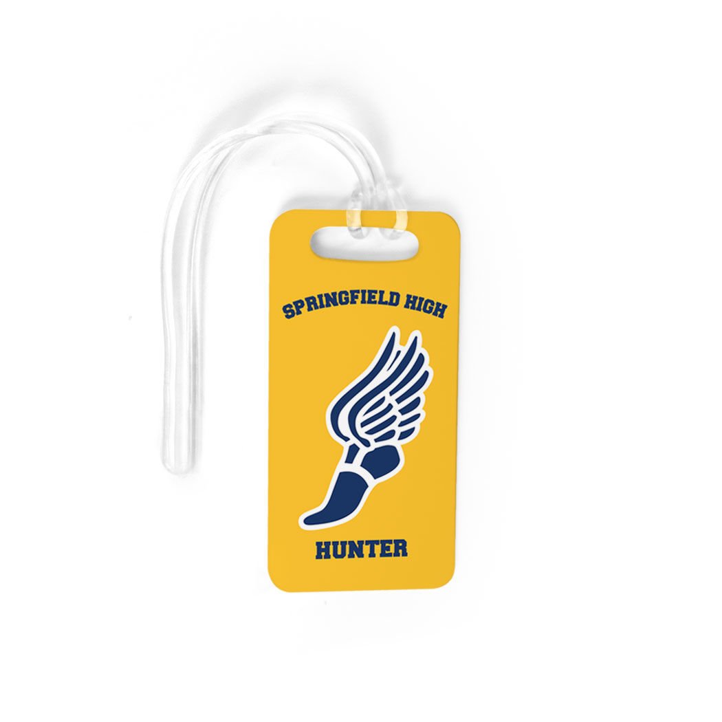Personalized Track & Field Luggage Tag - Team Winged Foot Design with Standard Lines - Small Gold & Navy Bag Tag for Runners, Athletes & Travelers | Perfect for Gym Bags, Suitcases & Sports Equipment