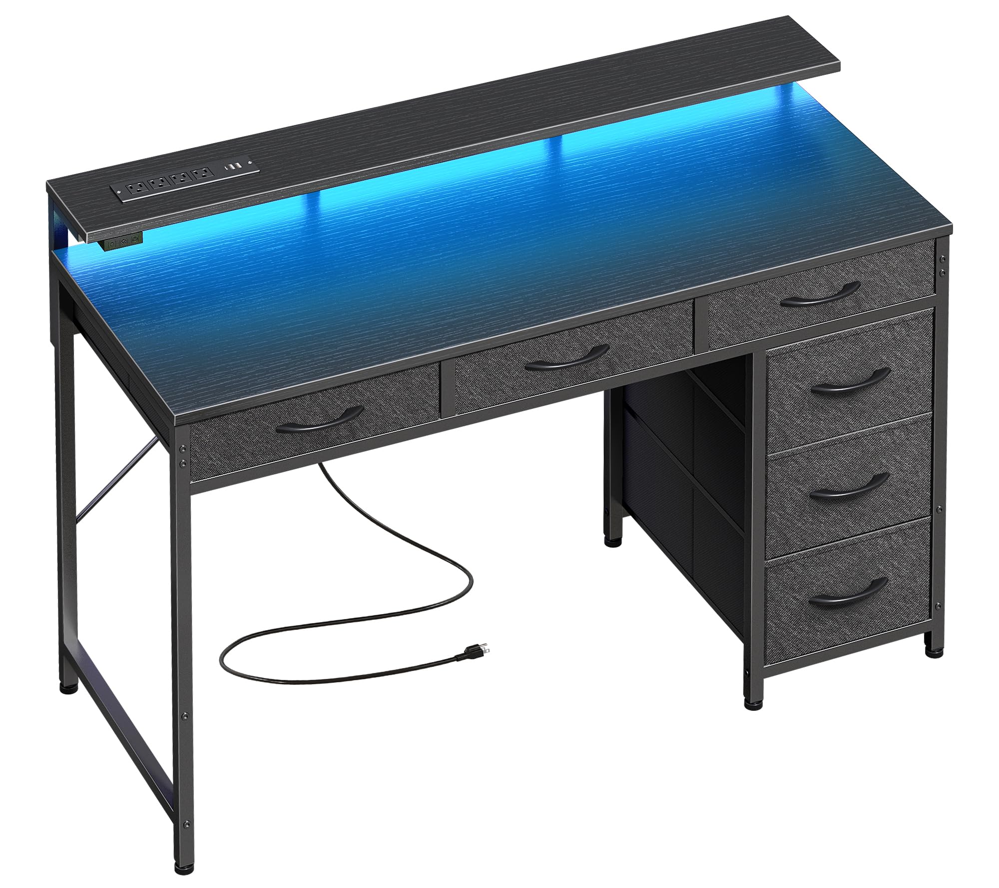 Huuger 39 Inch Gaming Desk with LED Lights, Power Outlets & Type-C | 6-Drawer Storage Computer Desk with Monitor Stand | Ergonomic Writing Work Desk for Home Office, Bedroom & Study (Black) - Perfect for Gaming Setup, Remote Work & Small Space Organization