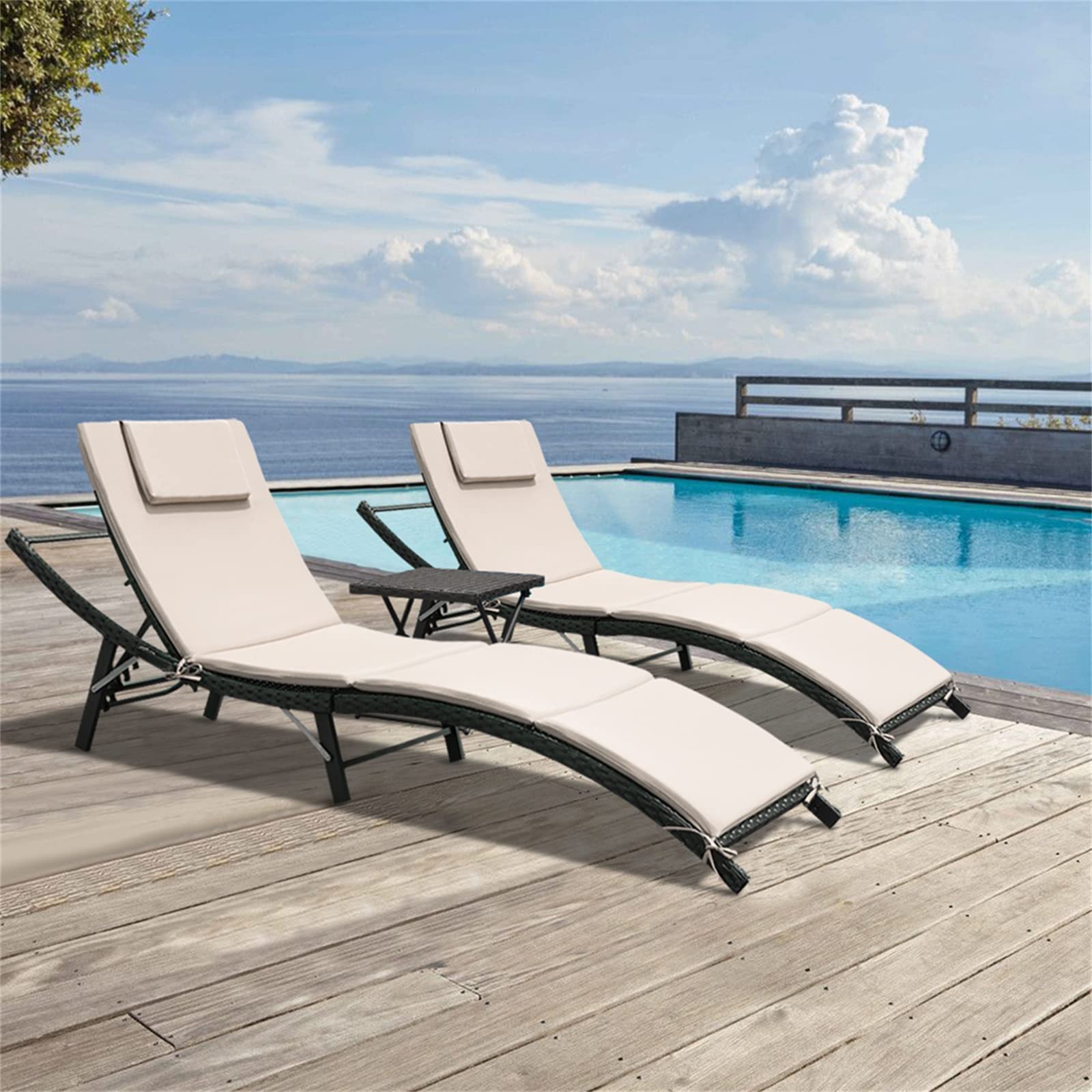 GUNJI 3-Piece Outdoor Wicker Lounge Chair Set with Adjustable Chaise & Side Table - Beige Patio Furniture for Poolside, Deck, Lawn, Garden & Backyard Relaxation