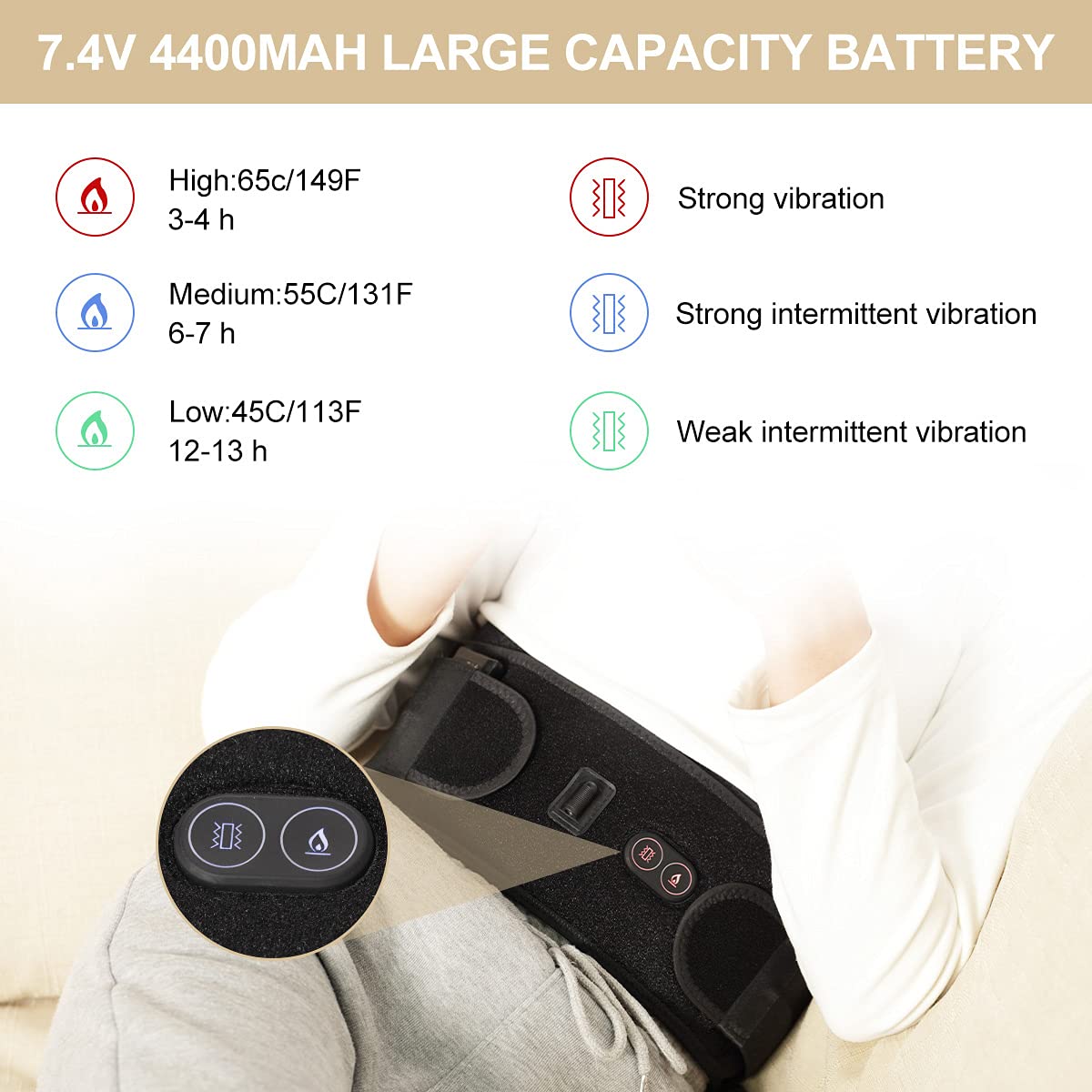 Wireless Heating Pad for Back Pain Relief - 7.4V 4400mAh Rechargeable Battery with 3 Heat Levels & 3 Vibration Modes - Heated Back Brace for Lumbar, Abdomen, Stomach & Waist Cramps - Perfect for Home, Office & Travel Use