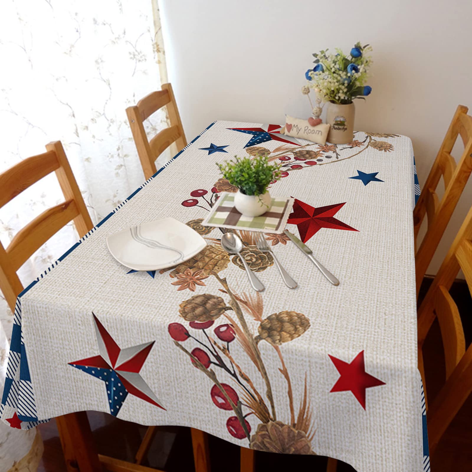 Queenker 60x140in Rectangle Tablecloth - Patriotic Star Blue Buffalo Plaid Design for Kitchen, Dining Table, Wedding & Birthday Party Decor - Perfect for 4th of July, Christmas, and Holiday Celebrations