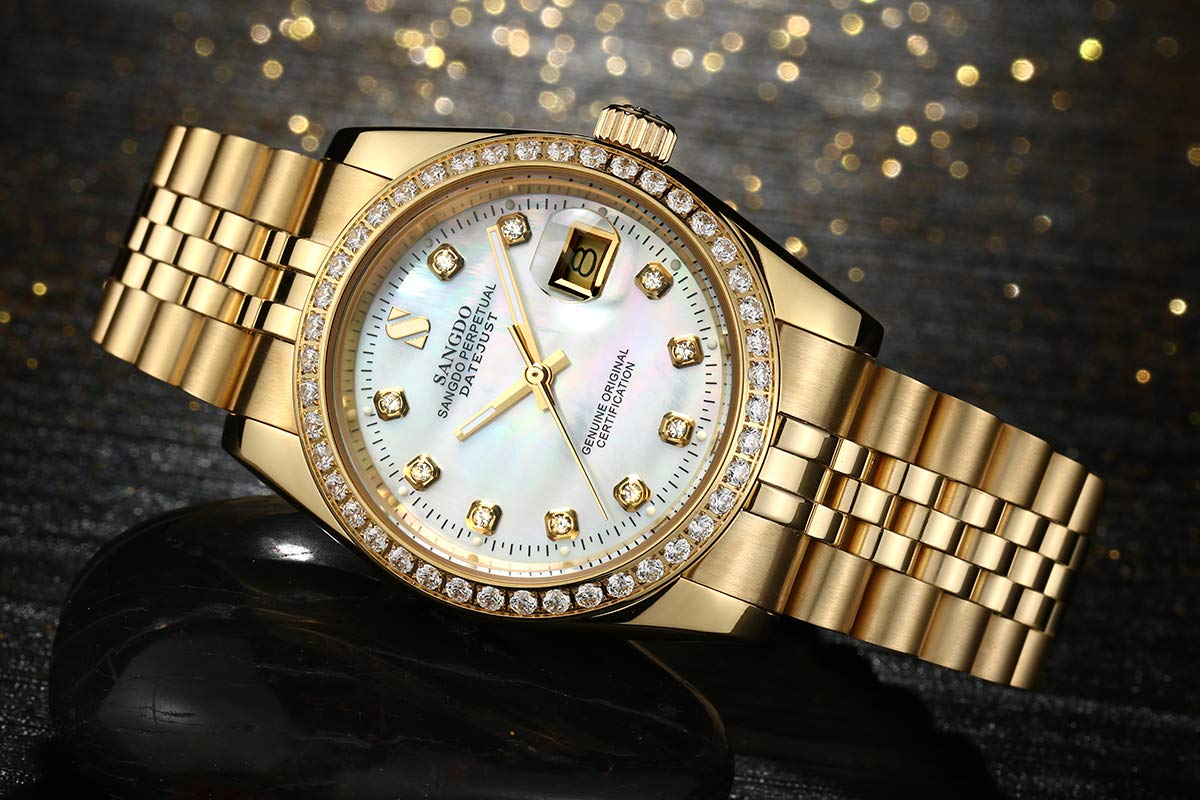 Gosasa Men's Luxury Automatic Mechanical Watch with Gold Crystal Accents - Stainless Steel Band, Waterproof, Elegant Gift for Family & Friends - Perfect for Business, Formal Events & Special Occasions