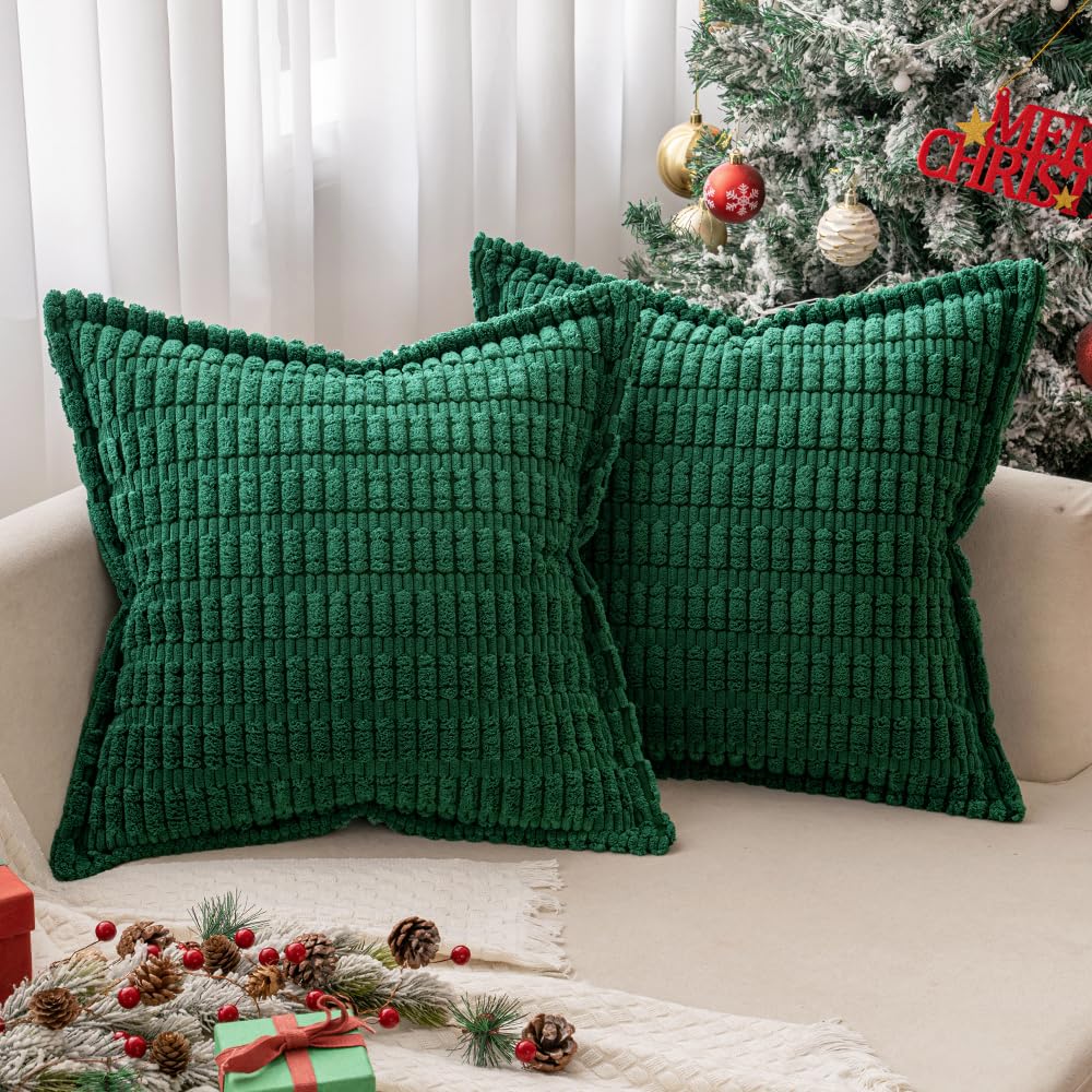 MIULEE Green Corduroy Decorative Throw Pillow Covers - Pack of 2 Soft Striped Pillowcases with Broad Edge (18x18 Inch) - Modern Boho Home Decor for Couch, Sofa & Bed - Perfect for Winter & Spring Seasons - Cozy Living Room & Bedroom Accent Pillows