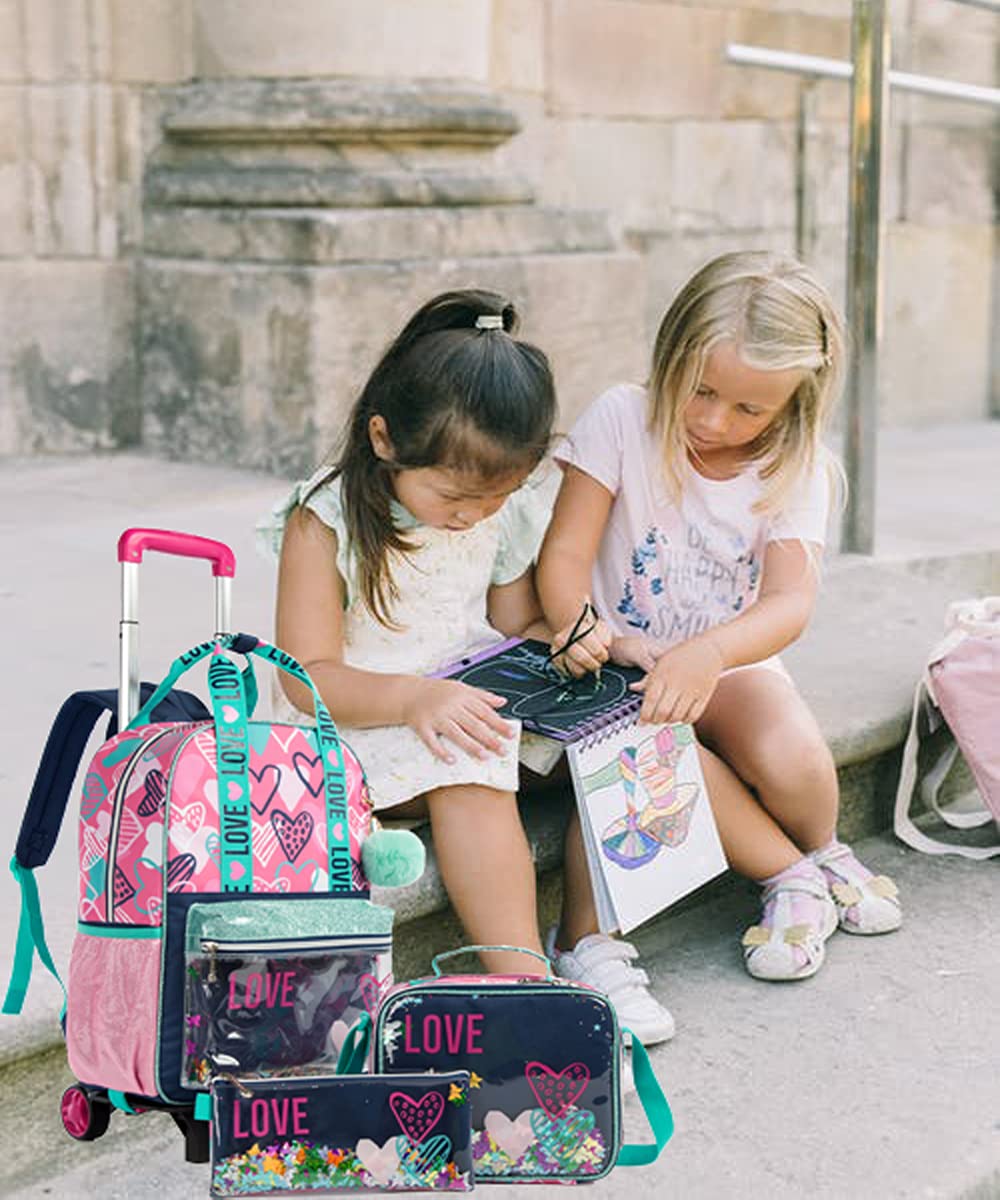 **Egchescebo Girls Rolling Backpacks - 3-Piece Set with Wheels, Lunch Box & Pencil Case, Pink Canvas School Backpack for Travel & Daily Use**    *Perfect for School, Travel, and Everyday Adventures!*