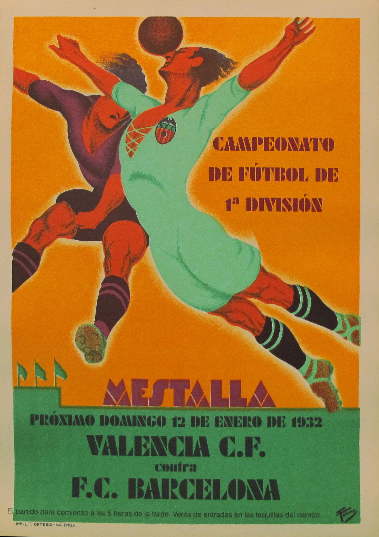 Vintage 1932 Spanish Soccer Poster - Mestalla Stadium, Valencia CF vs FC Barcelona Match, January 12, 1932 - Perfect for Soccer Memorabilia Collectors & Sports Bar Decor