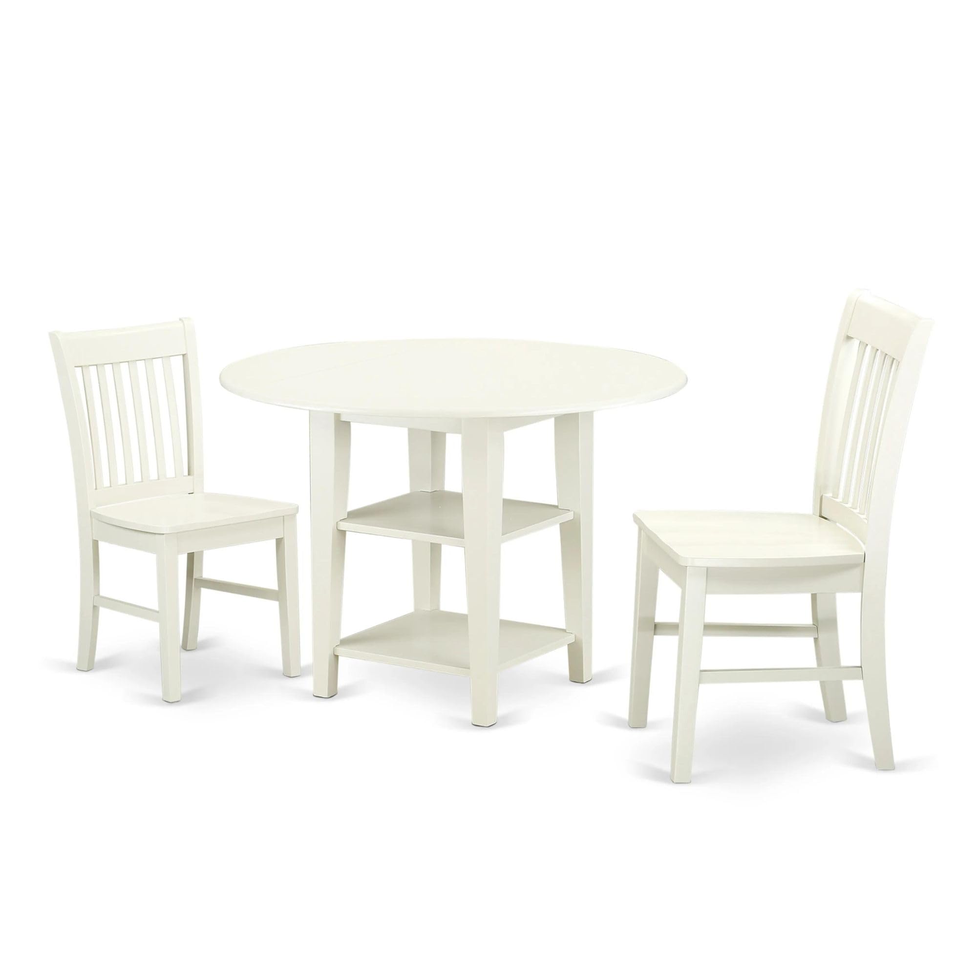 East West Furniture SUNO3-LWH-W 3-Piece Round Dining Table Set with Drop Leaf & Storage Shelves, 2 Chairs, 42x42 Inch, Linen White - Perfect for Small Kitchens, Breakfast Nooks & Cozy Apartments