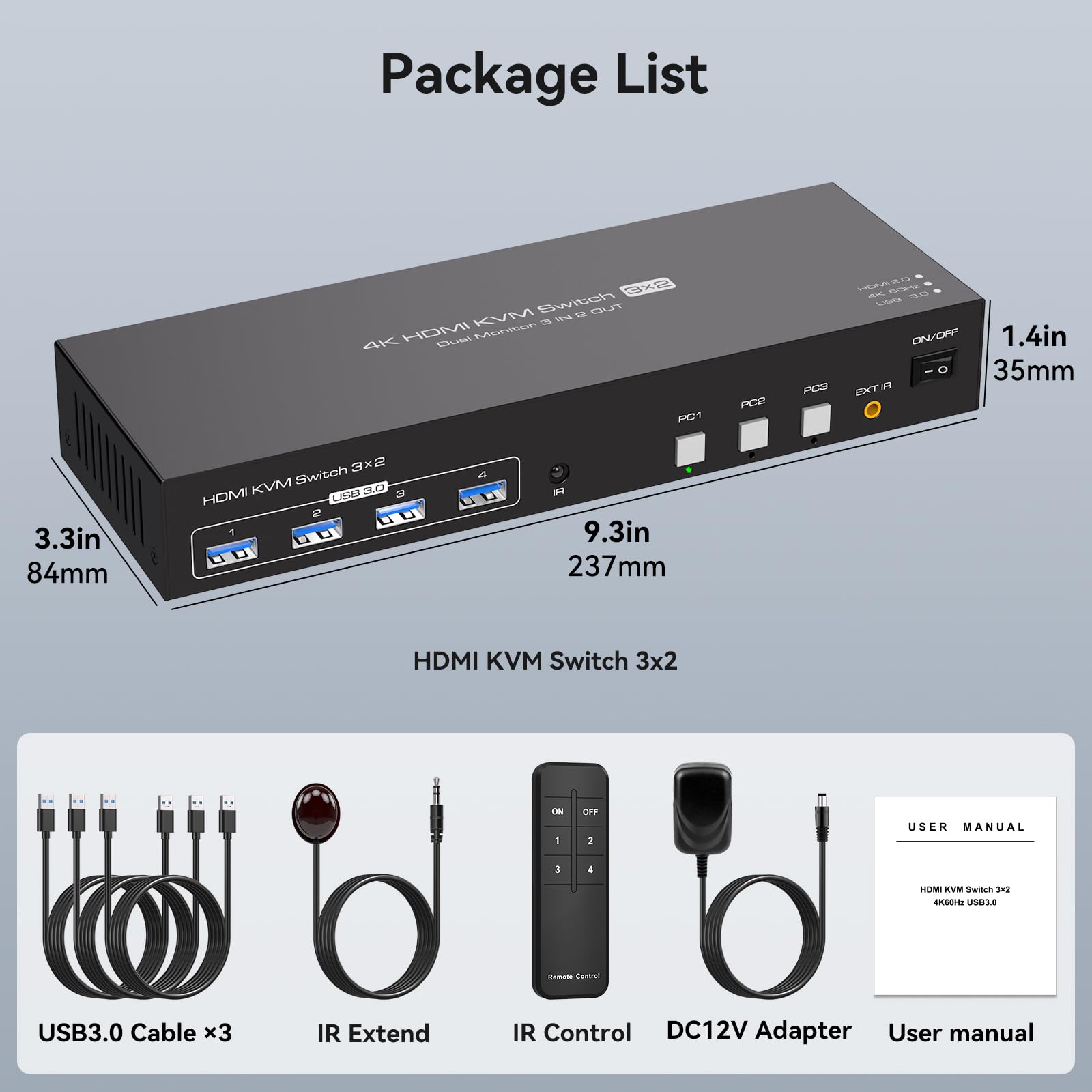 4K60Hz HDMI KVM Switch for Dual Monitors & 3 Computers - USB 3.0 Sharing Hub with EDID Simulation, Remote Control & Cables - Perfect for Home Office, Gaming Setup & Multi-Device Workstations